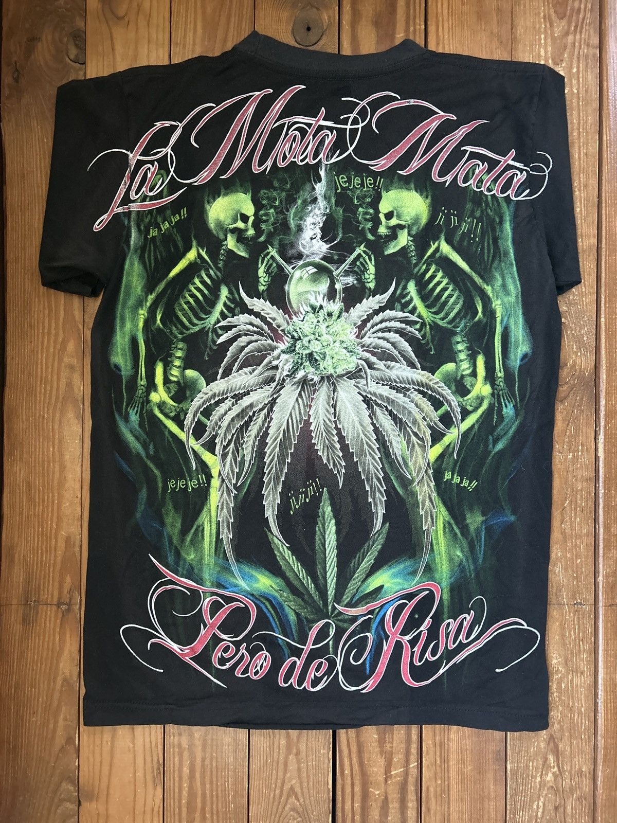 Affliction × Vintage Crazy Vintage Y2K Weed Skeleton Spanish Mota Black Tee Shirt Size US M / EU 48-50 / 2 - 1 Thumbnail