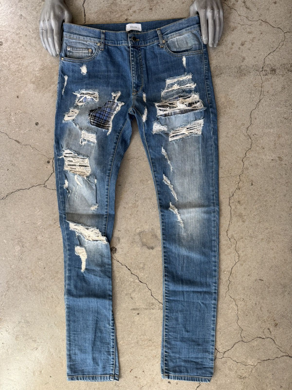 Rhude RHUDE SAMPLE THRASHED PLAID BOXER DENIM JEANS PANTS Size US 34 / EU 50 - 1 Thumbnail