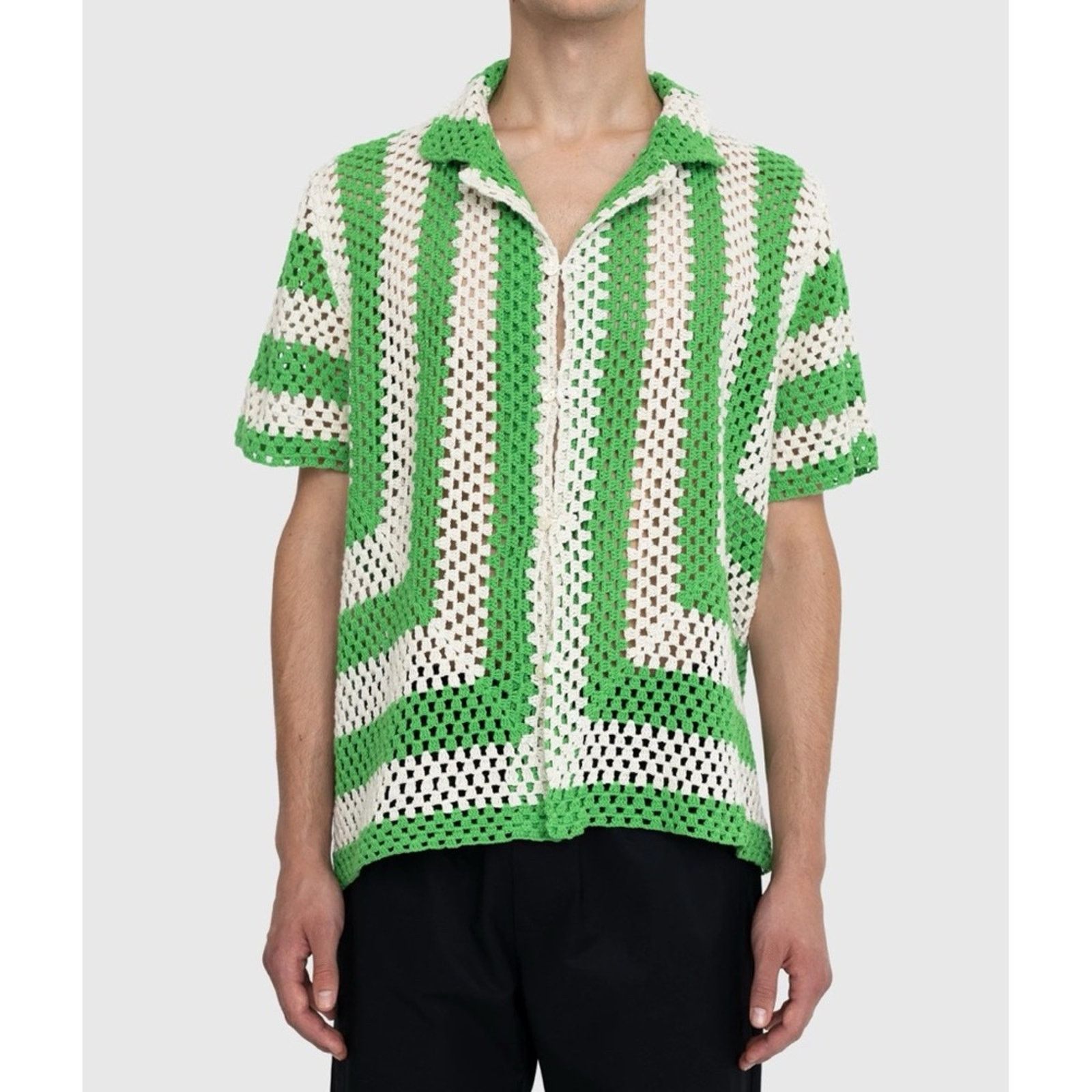 Bode Bode Crochet Shirt (Sz S/M) Flagship Striped Green Cream Size US M / EU 48-50 / 2 - 4 Thumbnail
