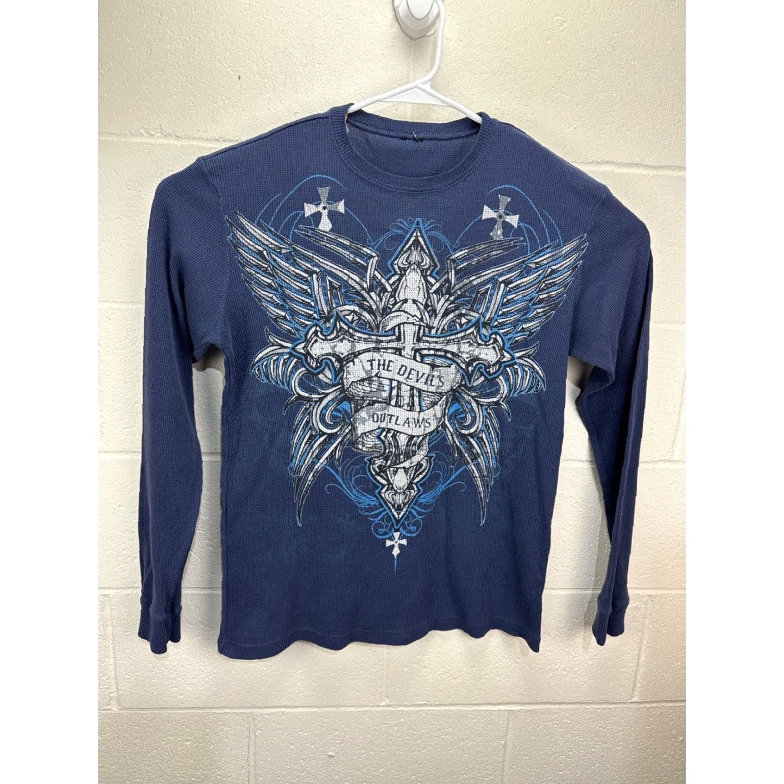 Affliction VINTAGE 2000s Waffle Knit T-Shirt Men Large Blue Graphic Print Gothic Punk Motorcycle Rock Horror Retro Biker Military Casual Size US L / EU 52-54 / 3 - 2 Thumbnail