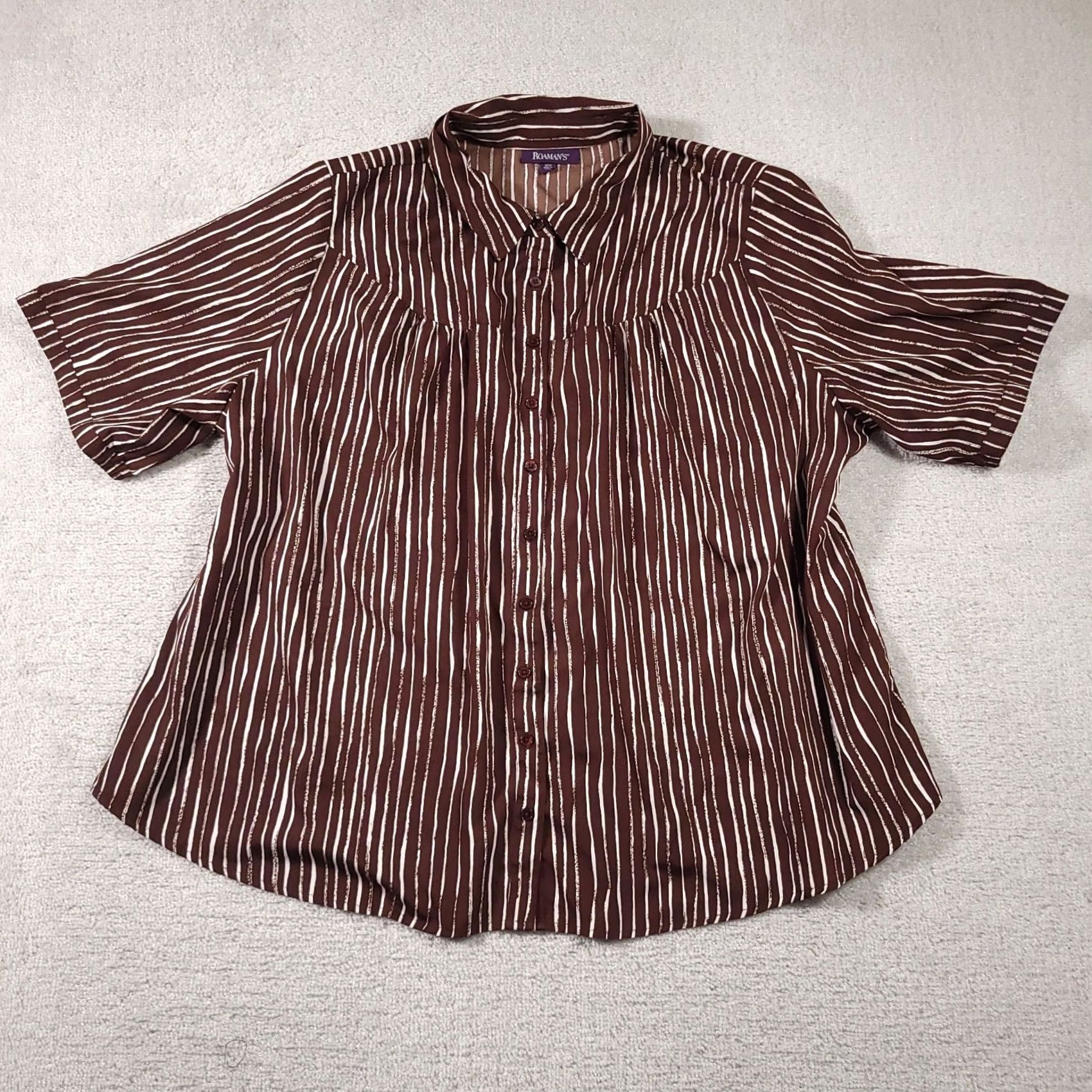 Vintage Roamans Button Up Shirt Women's 26W Brown Striped Short Sleeve Collared Casual Size 4XL / US 24-26 - 2 Thumbnail