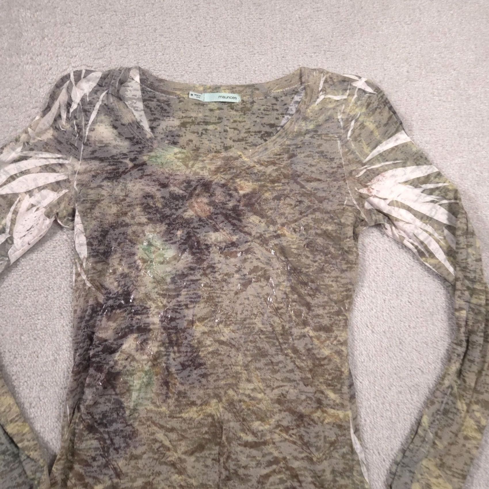 Vintage Maurices Shirt Womens Medium Green Floral Glitter Sheer Scoop Neck Tee Top Size M / US 6-8 / IT 42-44 - 3 Thumbnail