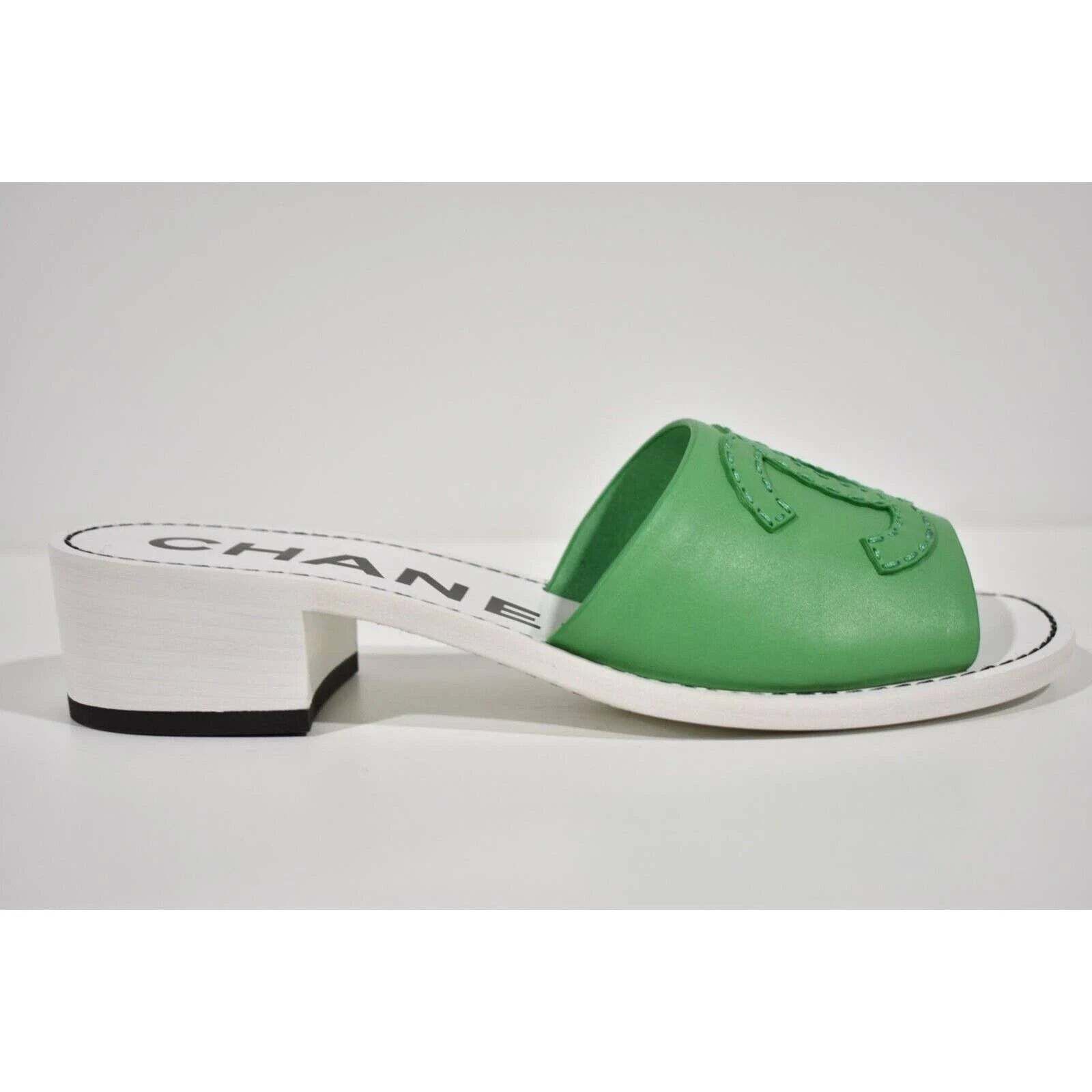Chanel Chanel 22S Green Calfskin Leather White CC Logo Mules Size US 7 / IT 37 - 1 Thumbnail