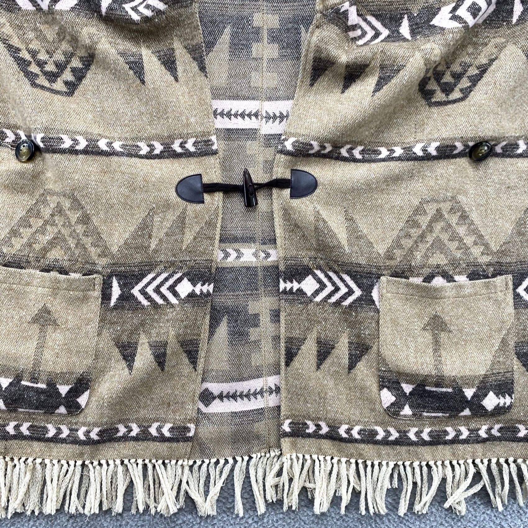 Vintage Artisan Crafted Democracy Hooded Poncho - Brown Fringe Aztec Southwest Size Small Size ONE SIZE - 3 Thumbnail