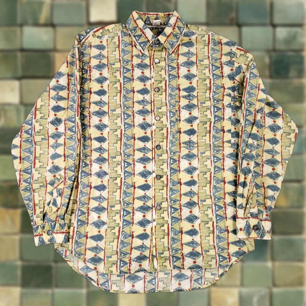 The Territory Ahead VINTAGE Territory Ahead 90s Shirt Batik Batique Yellow Mens XL Button-Up Long Sleeve Size US XL / EU 56 / 4 - 1 Thumbnail