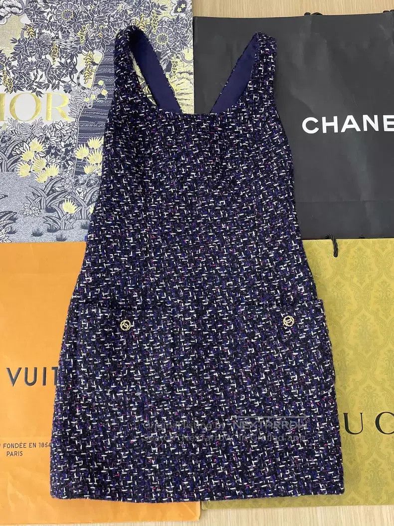 Chanel Chanel Blue color-blocked tweed braided backless dress Size XS / US 0-2 / IT 36-38 - 1 Thumbnail