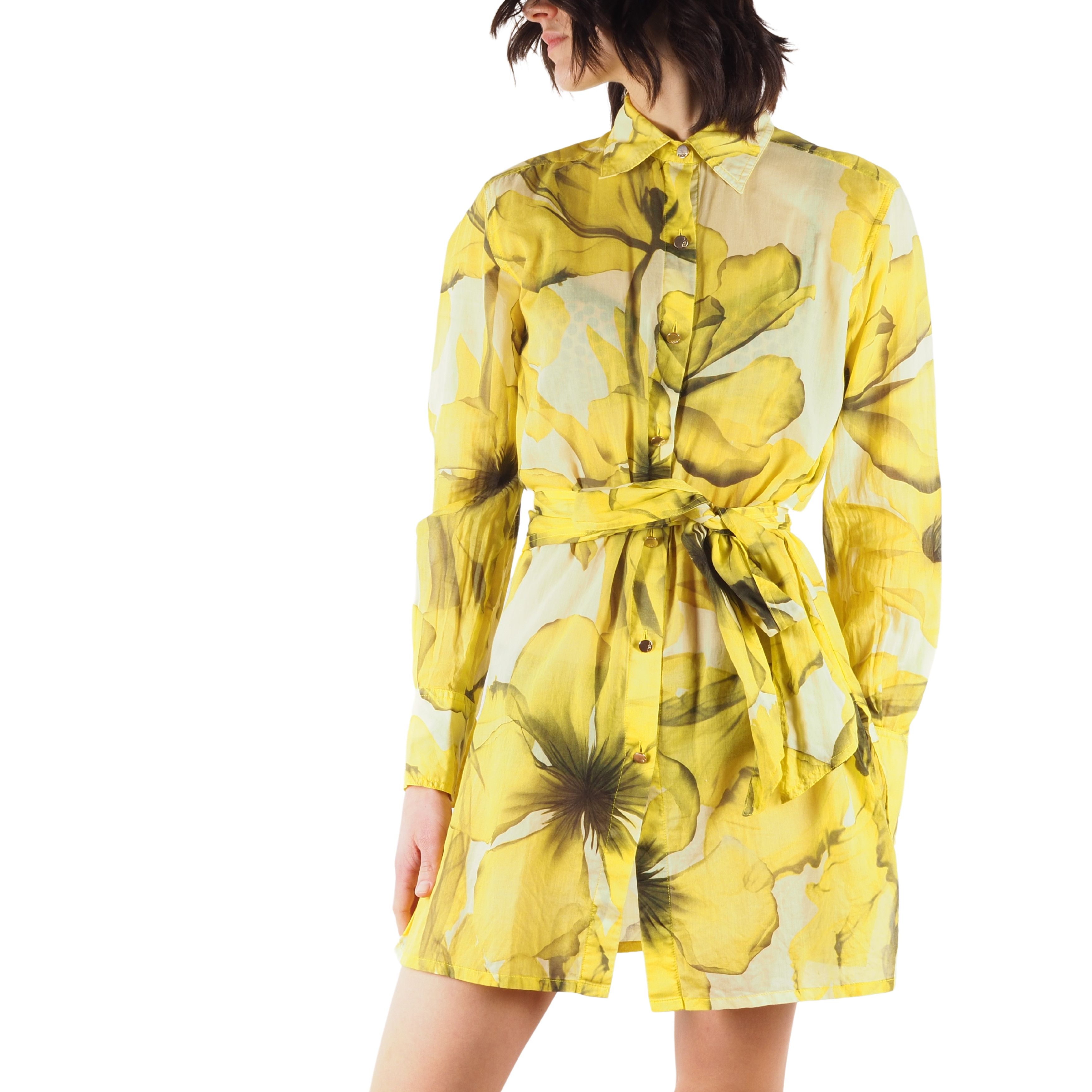 image of Archival Clothing x Gianni Versace Vintage Floral Belted Long Shirt Mini Dress in Yellow, Women's (