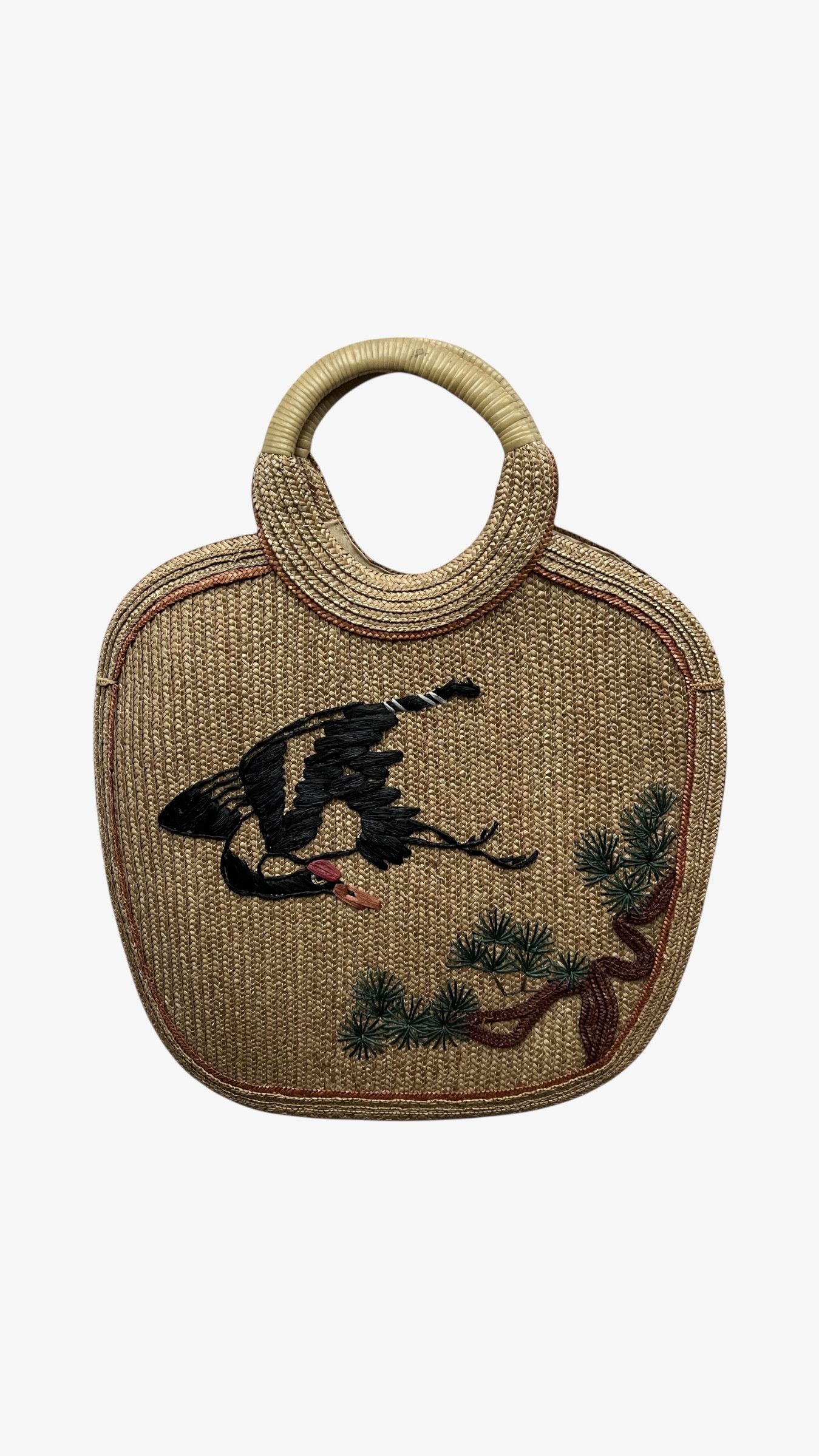 Vintage 1950s Crane & Tree Embroidered Brown Raffia Tote Bag