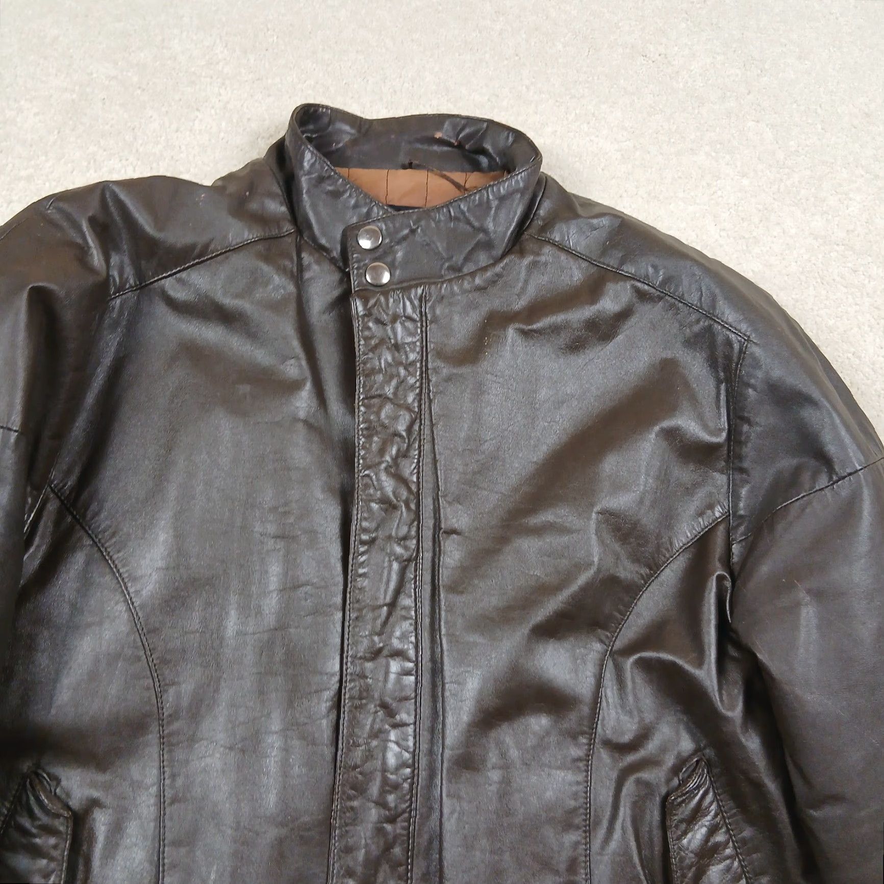 Vintage VINTAGE Montgomery Ward Leather Racer Jacket Mens 40 Brown Jacket Motorcycle 90s Classic Mens Brown Regular Leather Full Zip Band Collar Short Vintage Size US XXS / EU 40 - 3 Thumbnail