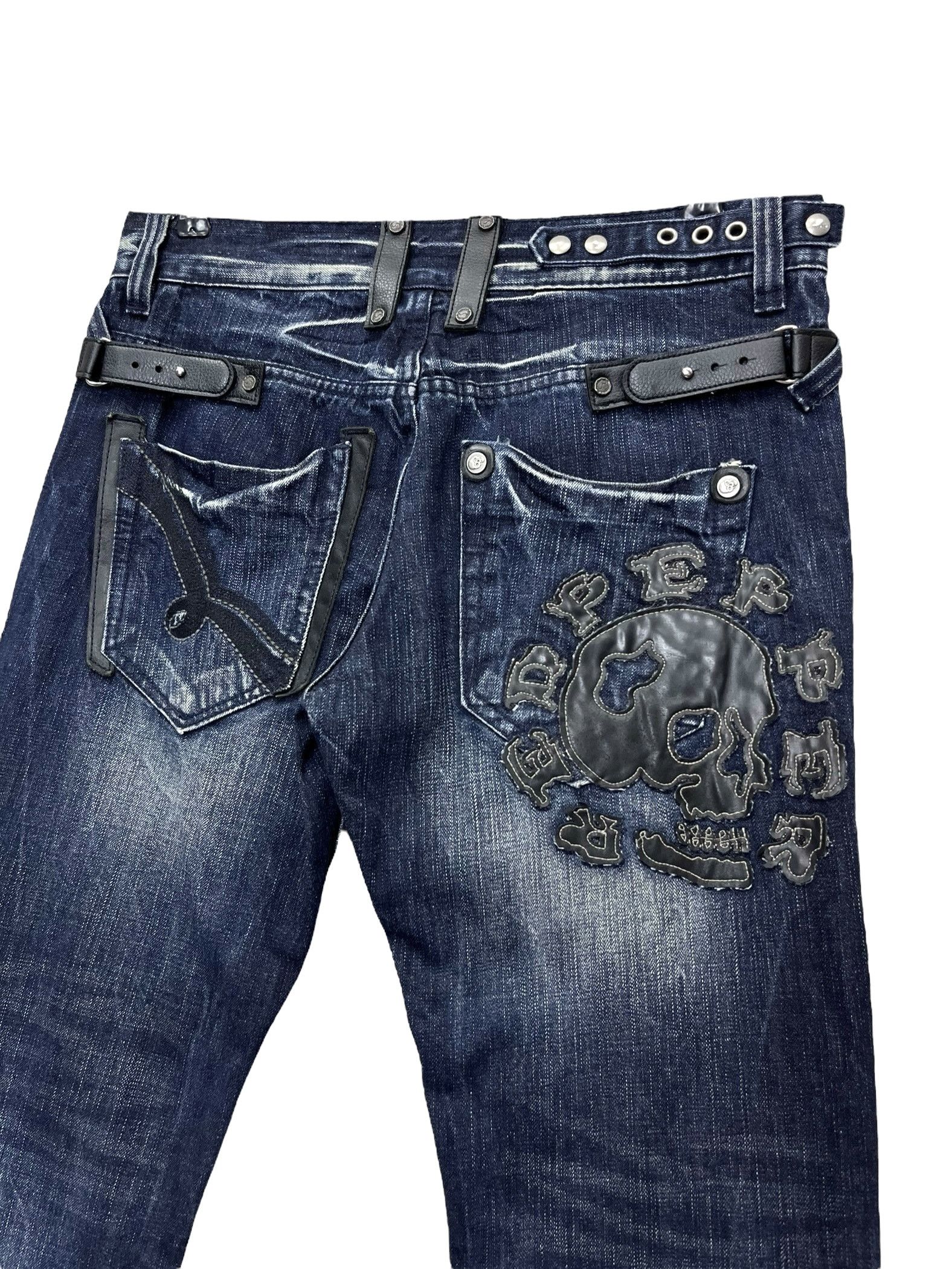 Japanese Brand Vintage RED PEPPER Punk Skull Distressed Dark Blue Slim Fit Size US 31 - 1 Thumbnail