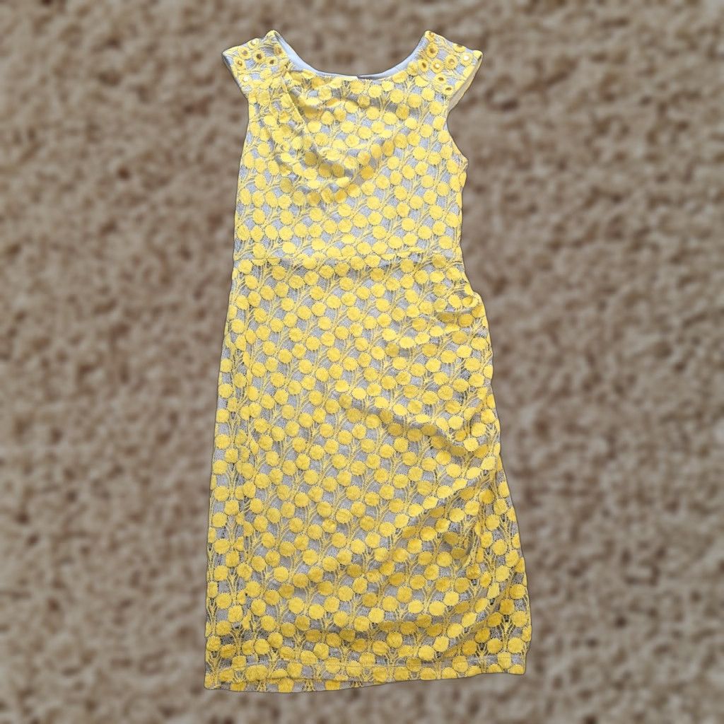 Vintage Eva Franco Dress Womens Size 6 Yellow Lace Silk Floral Ruched Stretch Cocktail Dress Size M / US 6-8 / IT 42-44 - 1 Thumbnail