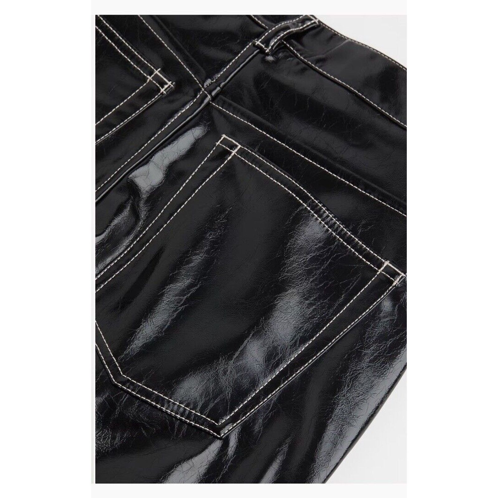 H&M Womens H&M Faux Leather Straight Pants Black W/ White Seams Size 28" / US 6 / IT 42 - 5 Thumbnail