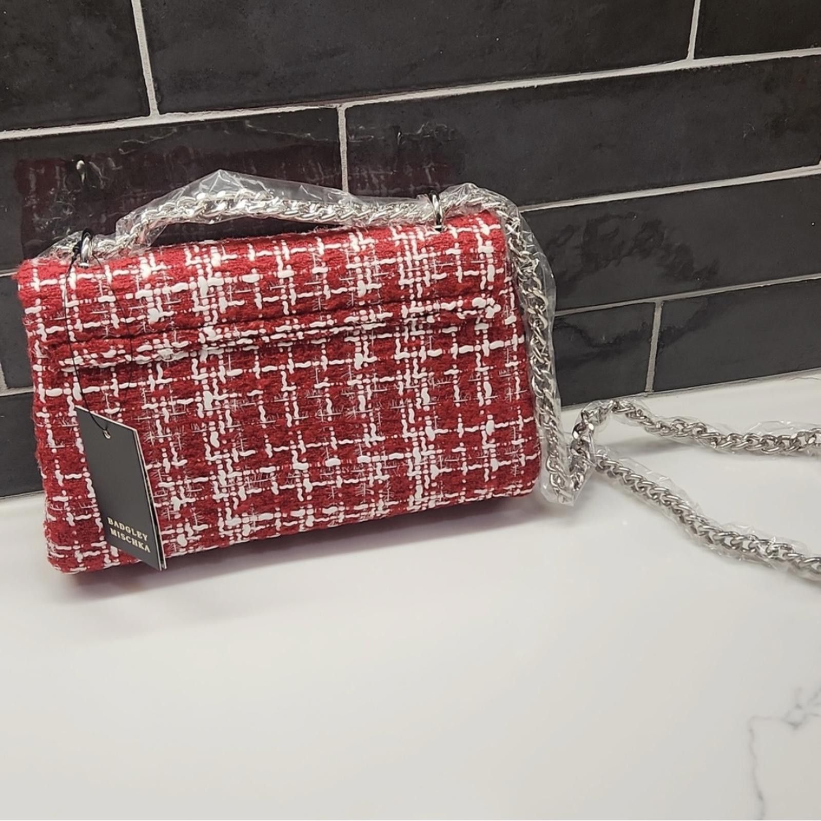 Designer Baffled Mischka Boucle Red Checkered Tweed Shoulder Bag New Size ONE SIZE - 6 Thumbnail