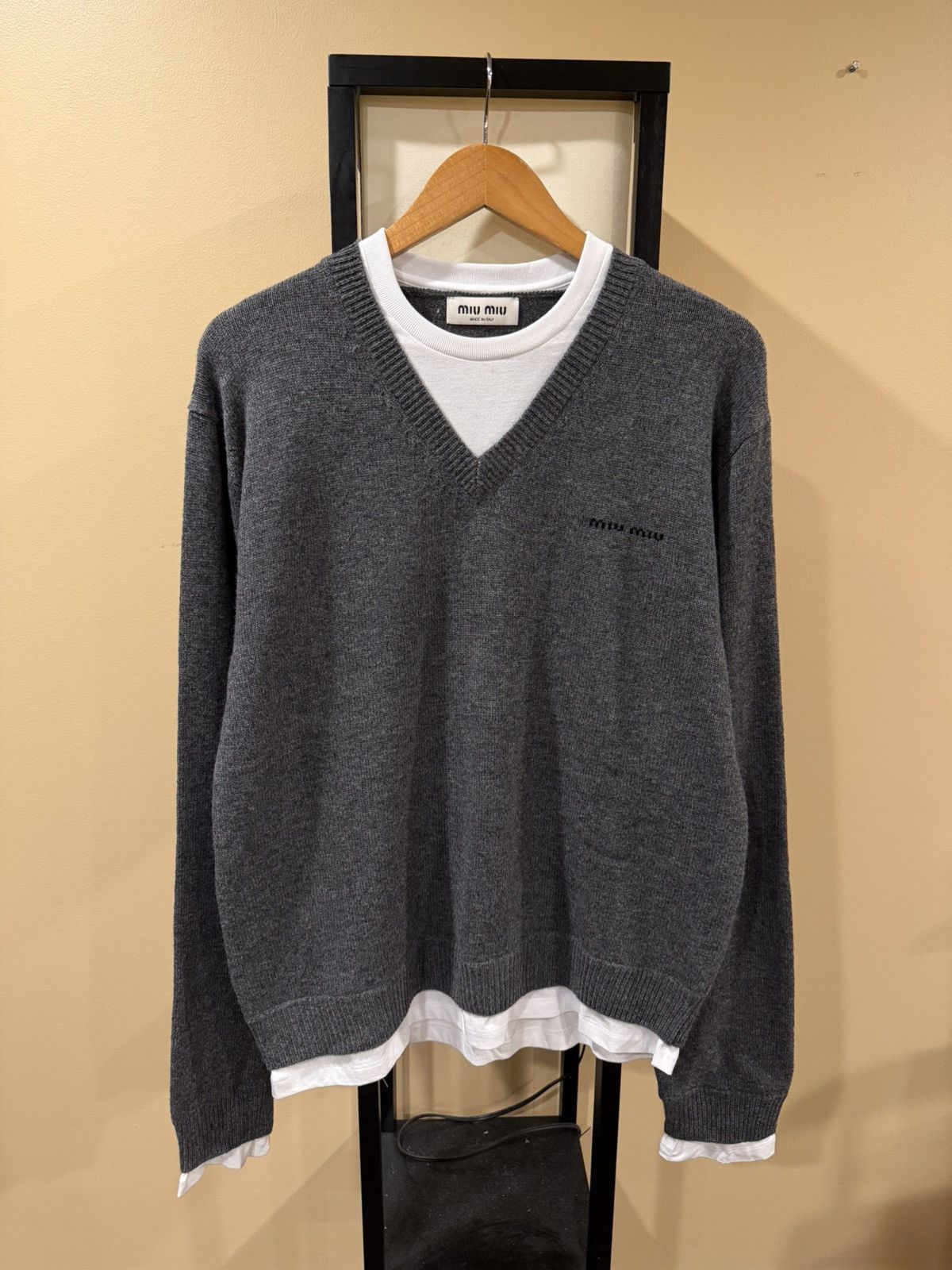 Miu Miu Miu Miu 2025 Cashmere Gray Double Layer V-Neck Sweater Size L / US 10 / IT 46 - 1 Thumbnail