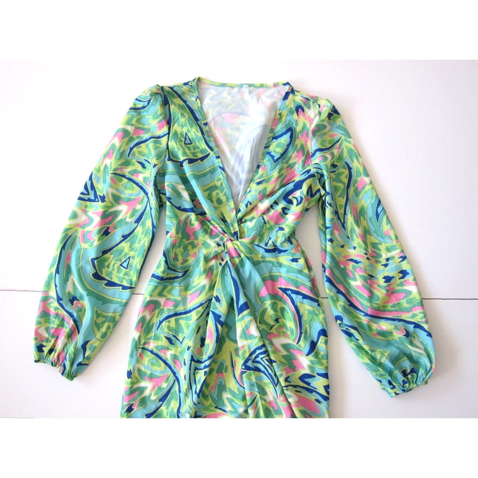 Shein VINTAGE Shein Green Blue Pink Retro Stretch V-Neck Twist Long Sleeve Dress Women XS/2 Size XS / US 0-2 / IT 36-38 - 3 Thumbnail