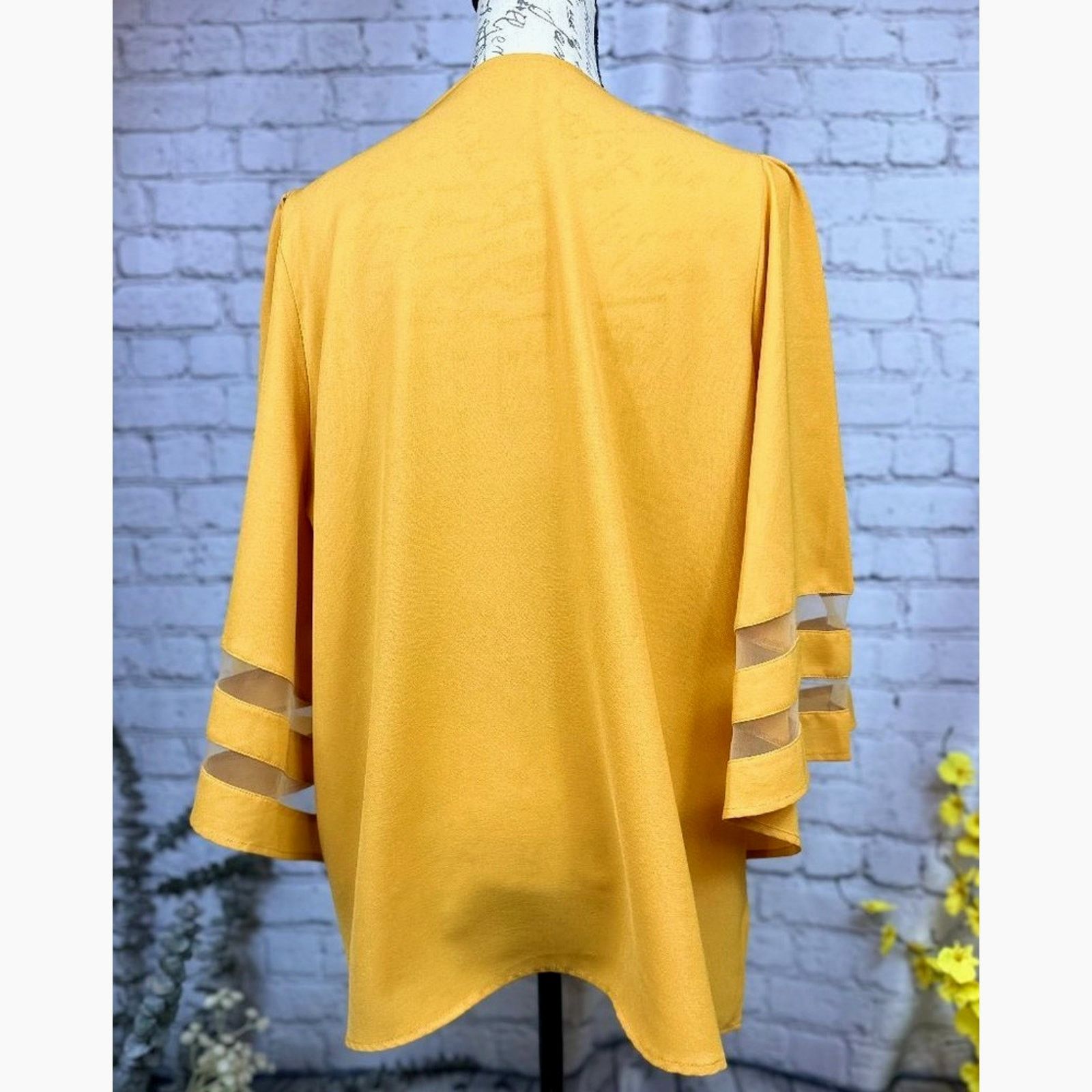 Other Casual V Neck 3/4 Bell Sleeve Mesh Panel Blouse Golden XL Size XL / US 12-14 / IT 48-50 - 10 Thumbnail