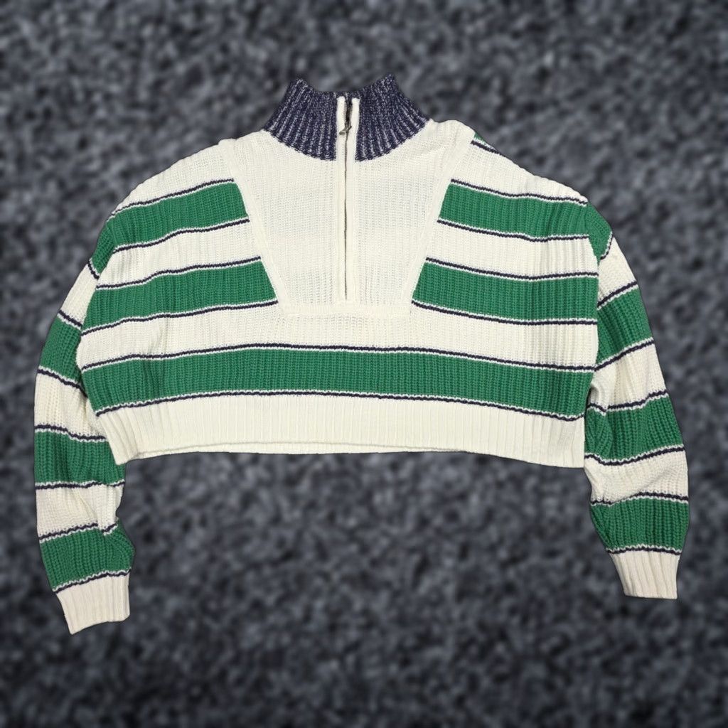 STAUD Hampton Striped Half-Zip Cropped Sweater White/Green Size Small Womens Pullover Knit Cotton Blend Long Sleeve Turtleneck Casual