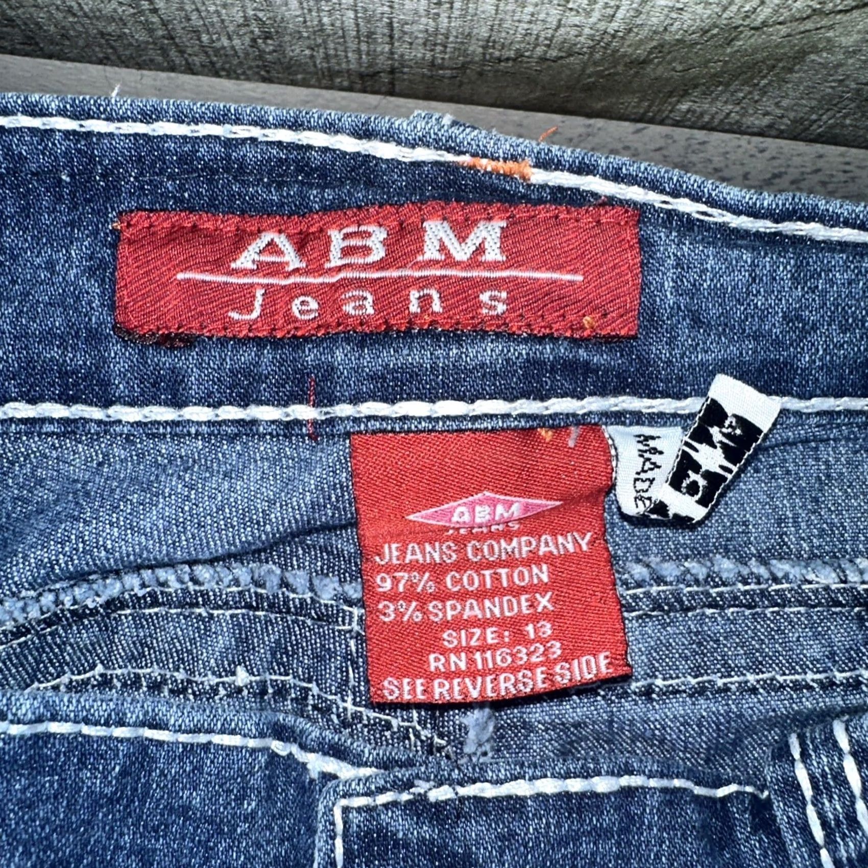 Vintage ABM Women Blue Jeans Medium Wash Embroidered Rhinestone Straight Leg Zip 5-Pocket Denim Cotton Spandex Regular Fits Juniors Size 13 Mens? Size 34" / US 12 / IT 48 - 2 Thumbnail
