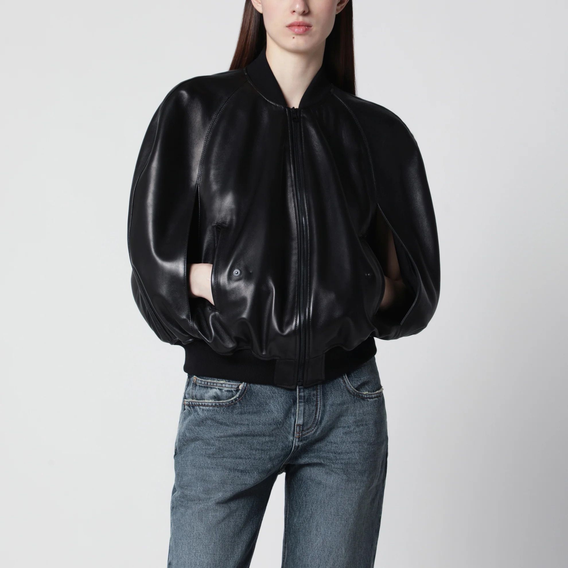 Balenciaga o1d2blof0426 Leather Bomber Jacket in Black Size XS / US 0-2 / IT 36-38 - 2 Thumbnail