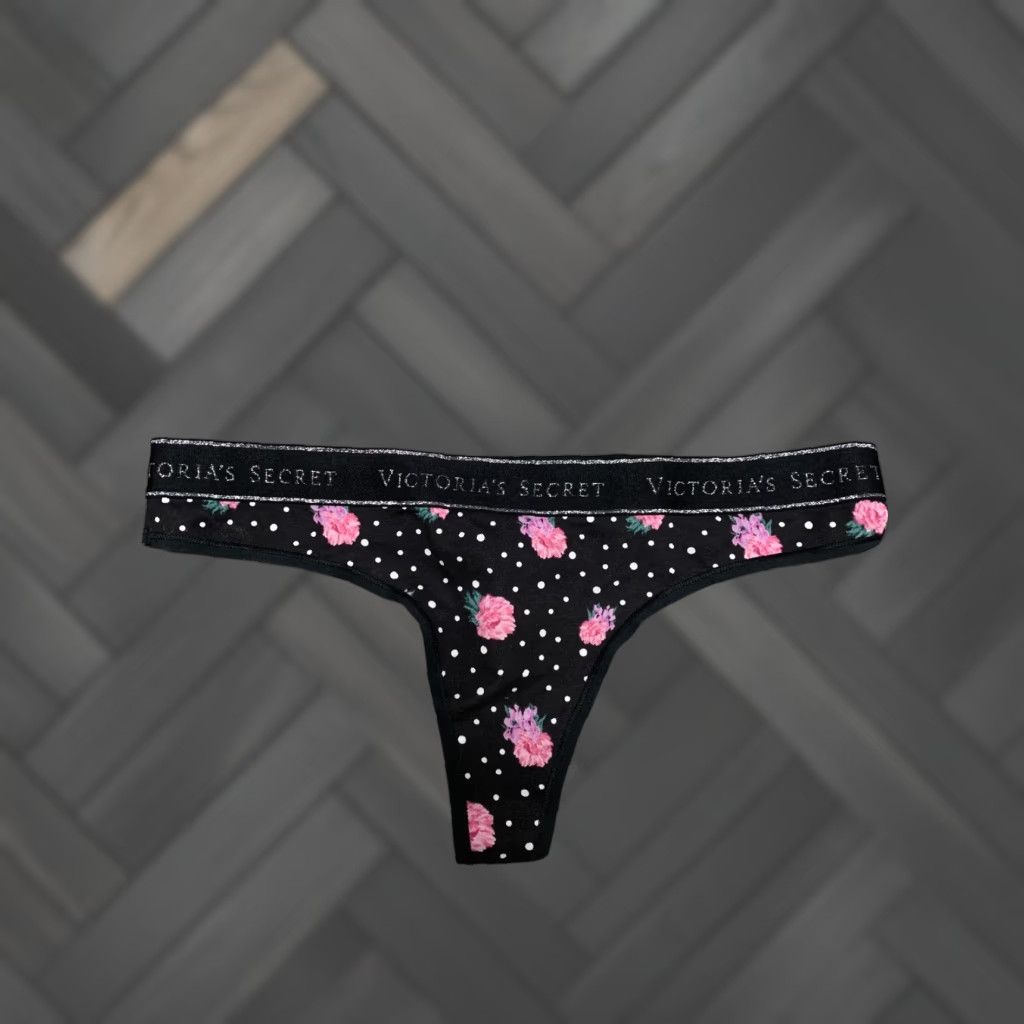 Victoria's Secret Victoria's Secret Logo Thong Panty Black Floral L NWT Womens Panties Size 36" / US 14 / IT 50 - 1 Thumbnail
