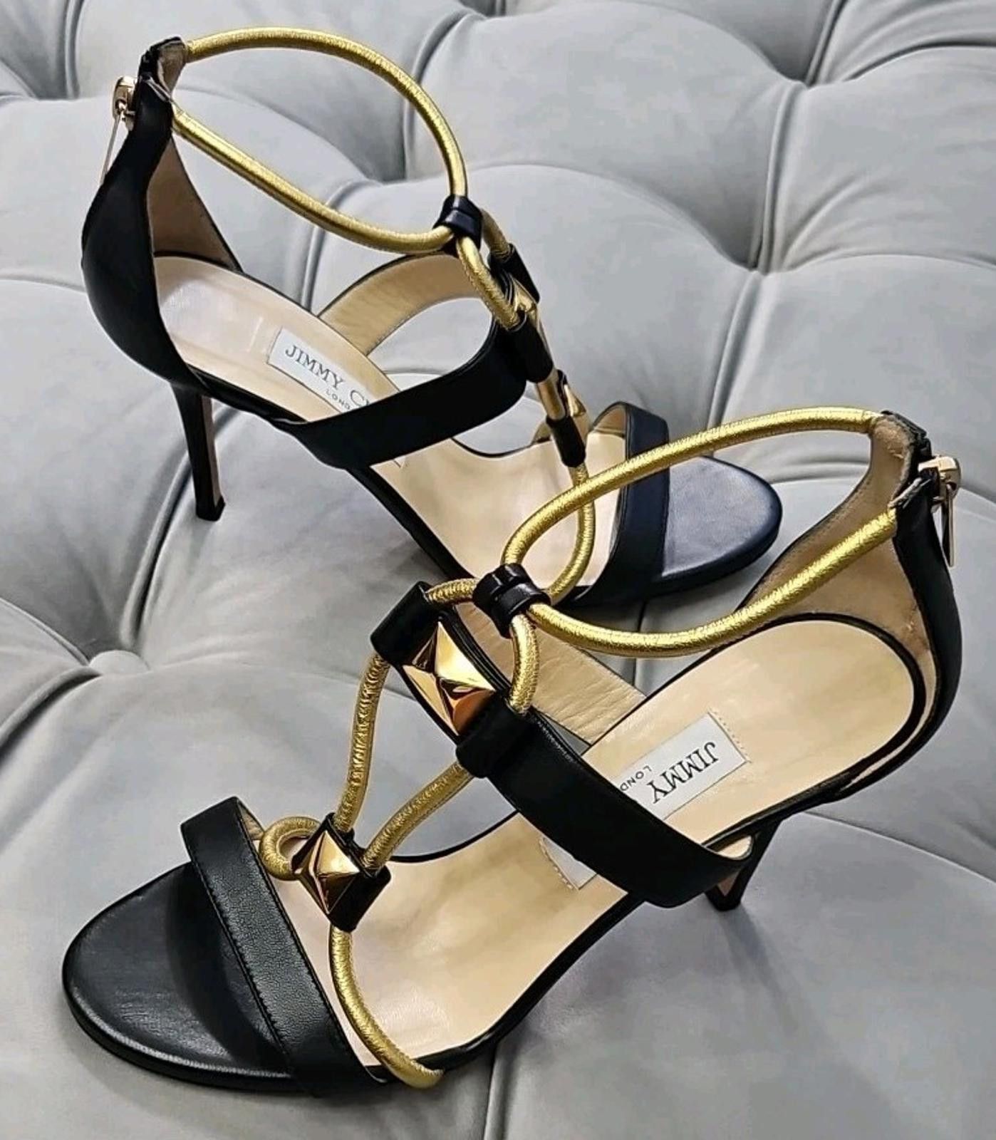 Jimmy Choo Black Leather Strappy Heels Womens Shoes 37.5 7.5