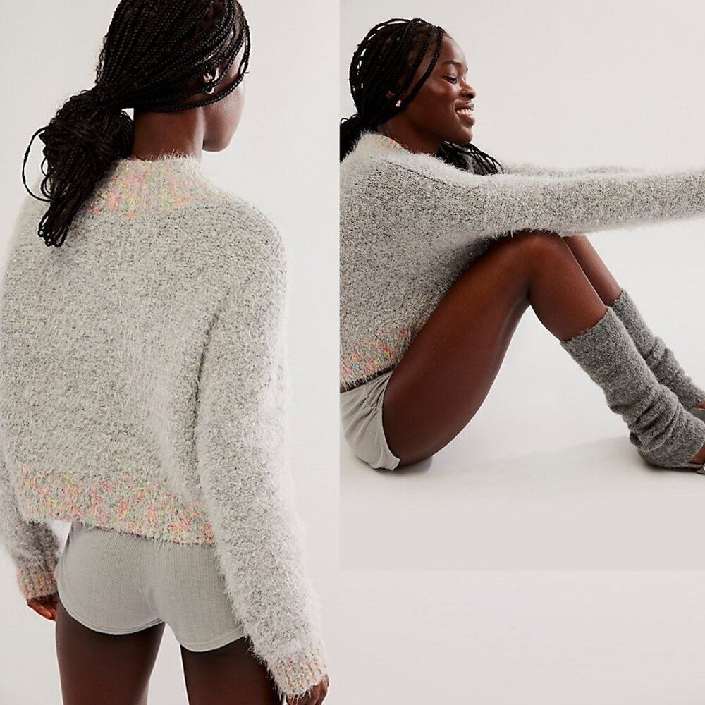 Free People New Free People Stardust Crop Super Soft Grey Pullover Swea Size XS / US 0-2 / IT 36-38 - 2 Thumbnail