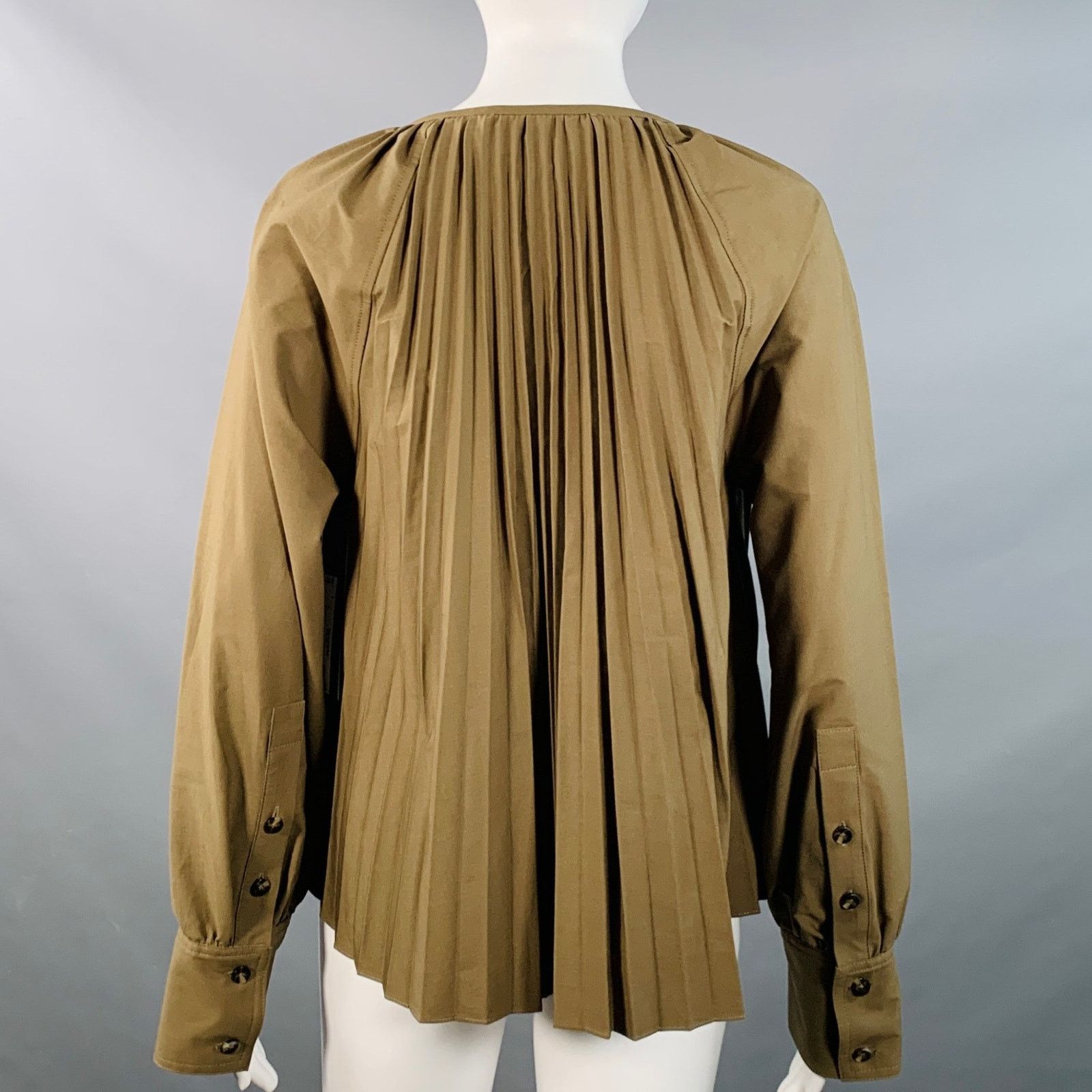 Proenza Schouler Size 6 Monica Brown Cotton Blend Pleated V-Neck Blouse Size M / US 6-8 / IT 42-44 - 3 Thumbnail