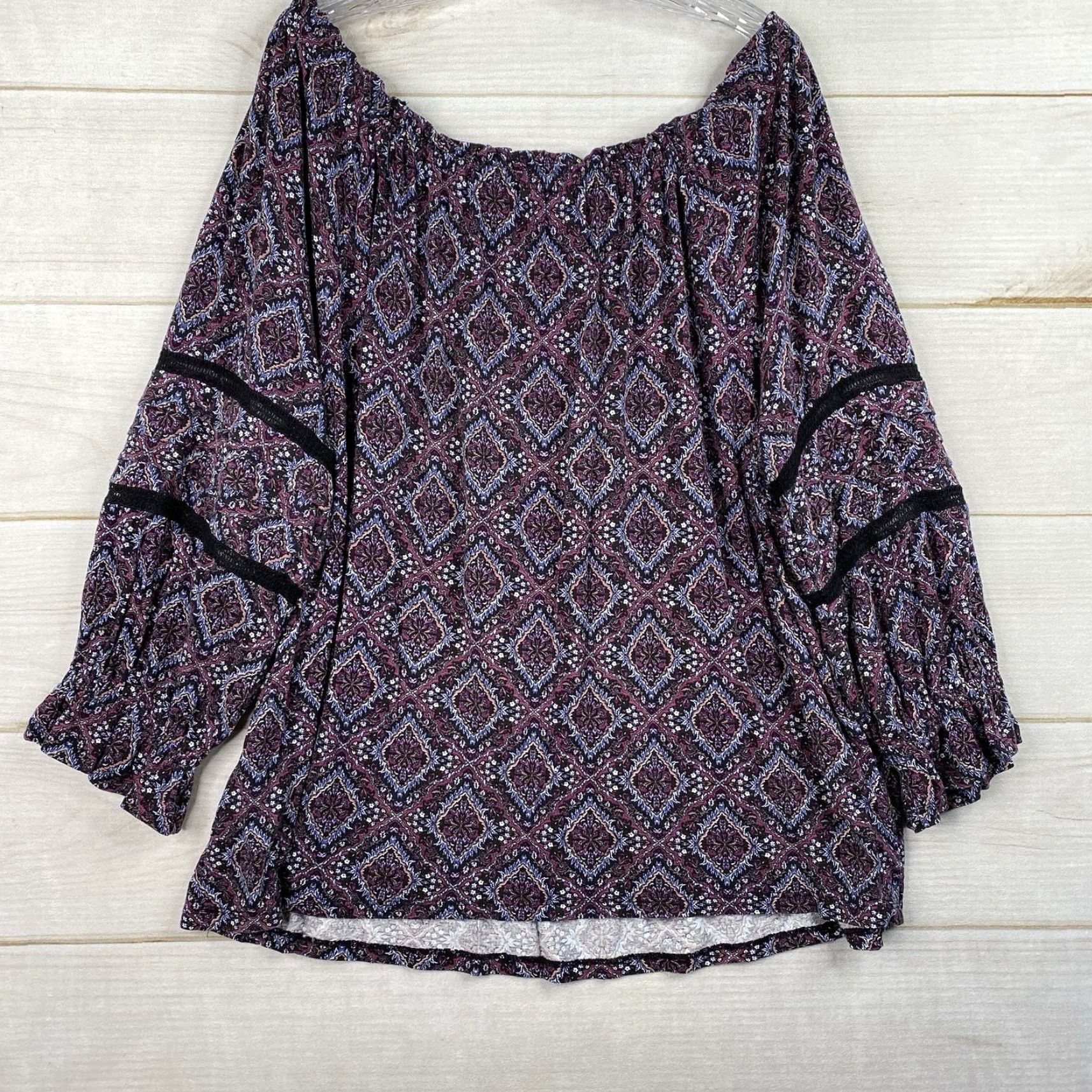 Vintage Lane Bryant Blouse Womens 18/20 Purple Floral Crochet Peasant Off Shoulder Size XXL / US 16-18 / IT 52-54 - 6 Thumbnail