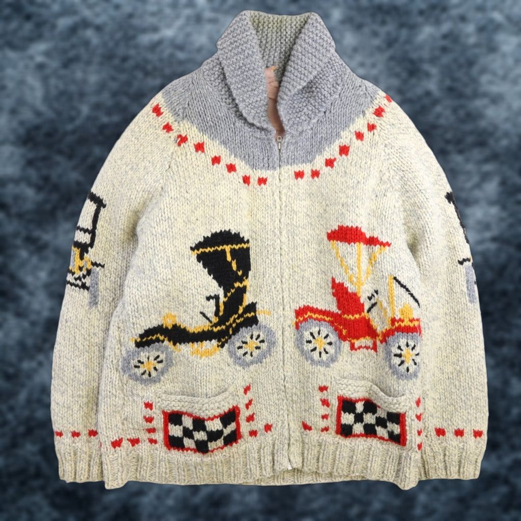 Vintage Car Racing Wool Cowichan Sweater Size Large Ivory Adult