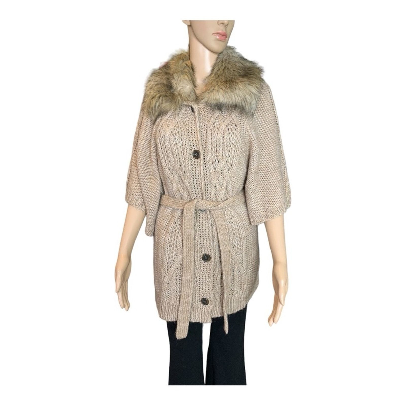 Loft Loft Women's Medium Cardigan Chunky Knit Faux Fur Trimmed Size M / US 6-8 / IT 42-44 - 2 Thumbnail