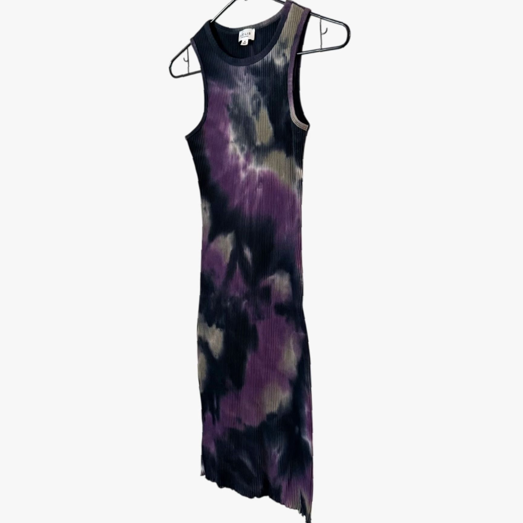 Vintage Le Lis Tie-Dye Midi Dress Purple & Blue Women's M Bodycon Ribbed-Knit Sleeveless Round Neck Pullover Casual Midi Dress Fall Spring Summer City Theme Size M / US 6-8 / IT 42-44 - 2 Thumbnail