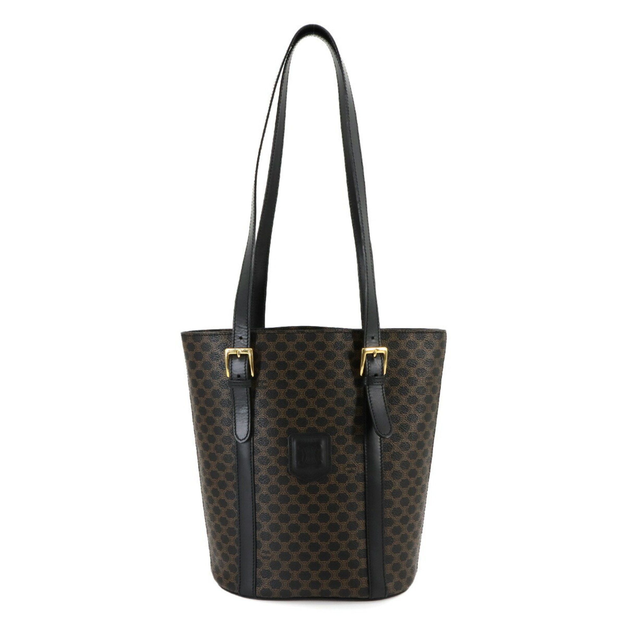Celine Macadam Pattern Leather Tote Bag Black Brown Gold Hardware, Women's