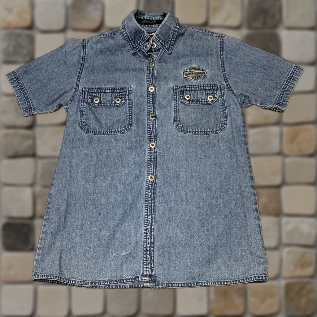 Harley Davidson Harley-Davidson Women's Small Denim Button-Down Shirt Short Sleeve Logo Cotton Size S / US 4 / IT 40 - 1 Thumbnail
