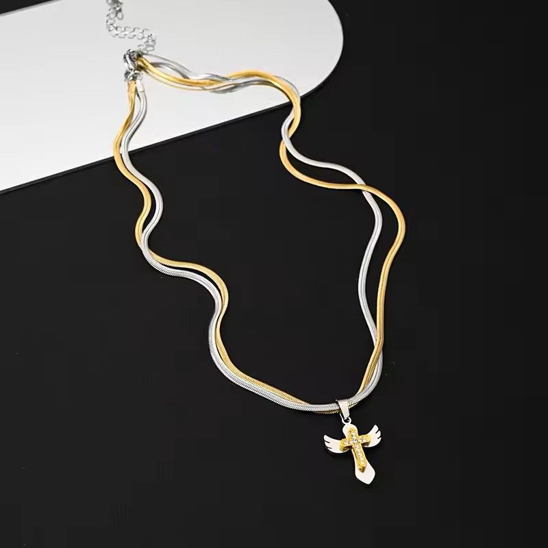 Jewelry Double Layered Wings Cross Pendant Necklaces Size ONE SIZE - 5 Thumbnail