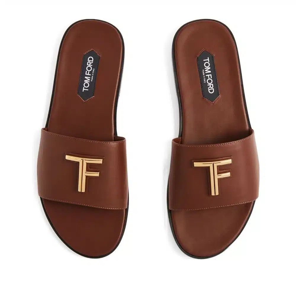 Tom Ford o1loc1c0525 J1430 Brighton Smooth Leather Slides in Brown Size US 7 / EU 40 - 3 Thumbnail