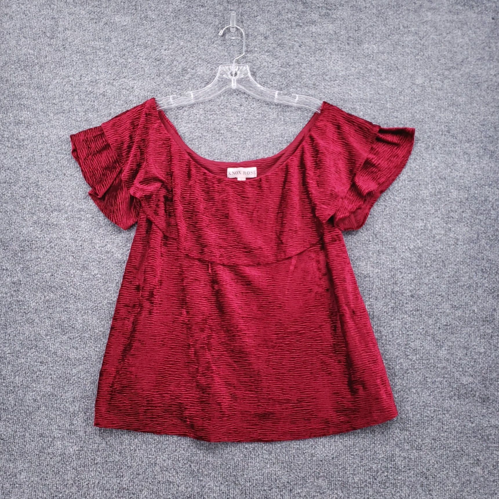 Vintage Knox Rose Blouse Womens L Red Velvet Off The Shoulder Ruffle Blouse Holiday Rose Sleeves: Flutter Short Sleeve Casual Party/Cocktail Shirt Size L / US 10 / IT 46 - 2 Thumbnail
