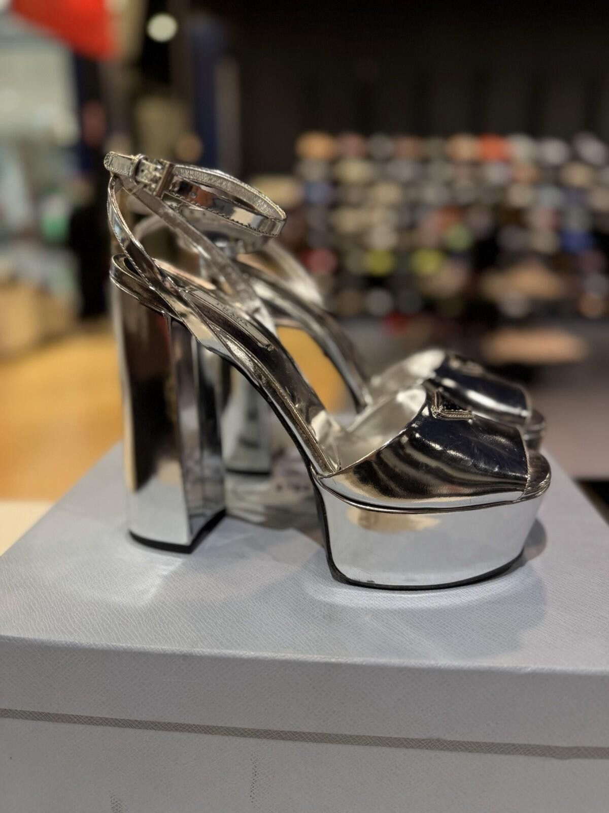 Prada Prada 135mm Metallic Silver Logo Platform Sandal Heel 39.5EU Size US 9.5 / IT 39.5 - 1 Thumbnail