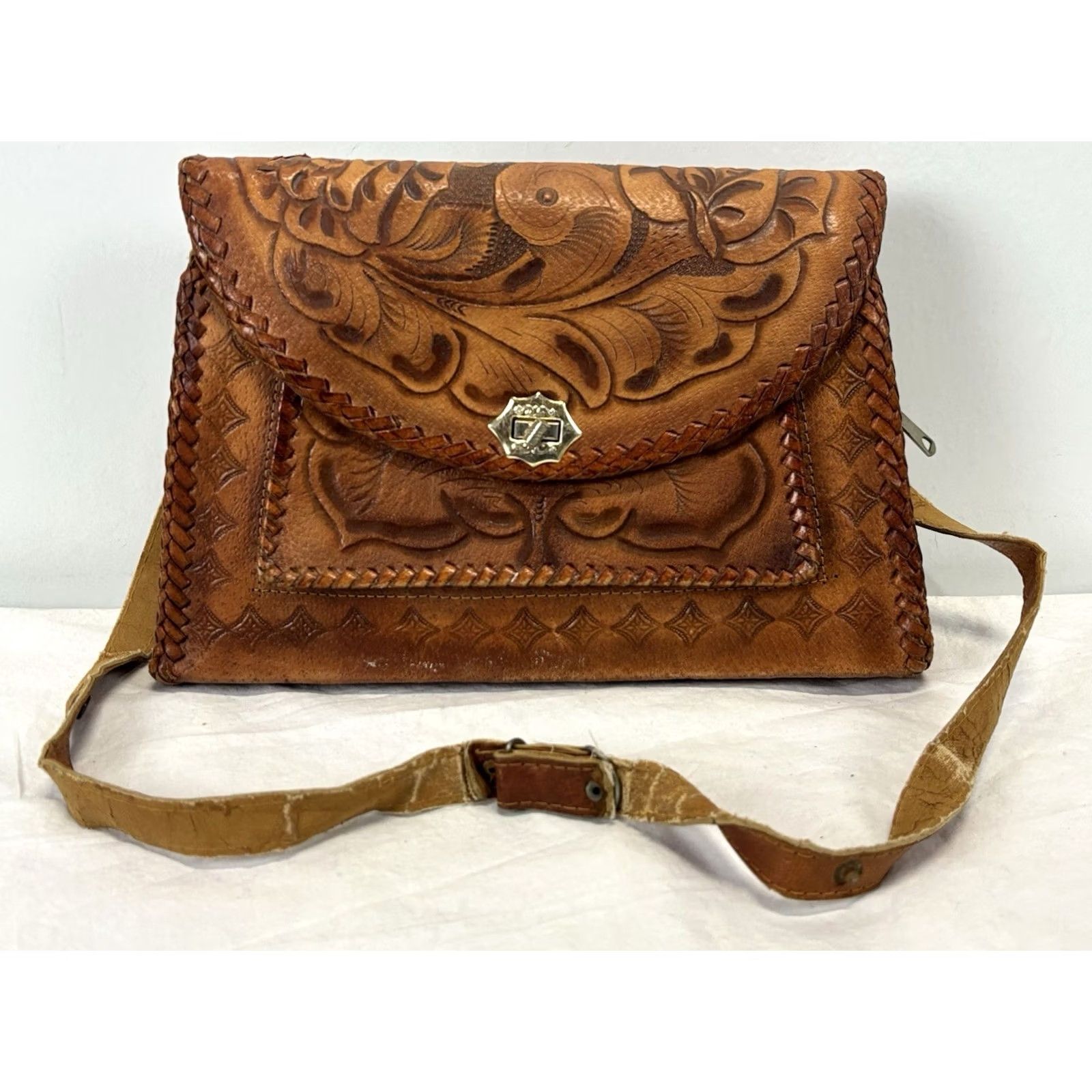 Vintage VINTAGE Leather Shoulder Bag Purse Brown Floral Western Boho Small Women Read Size ONE SIZE - 2 Thumbnail