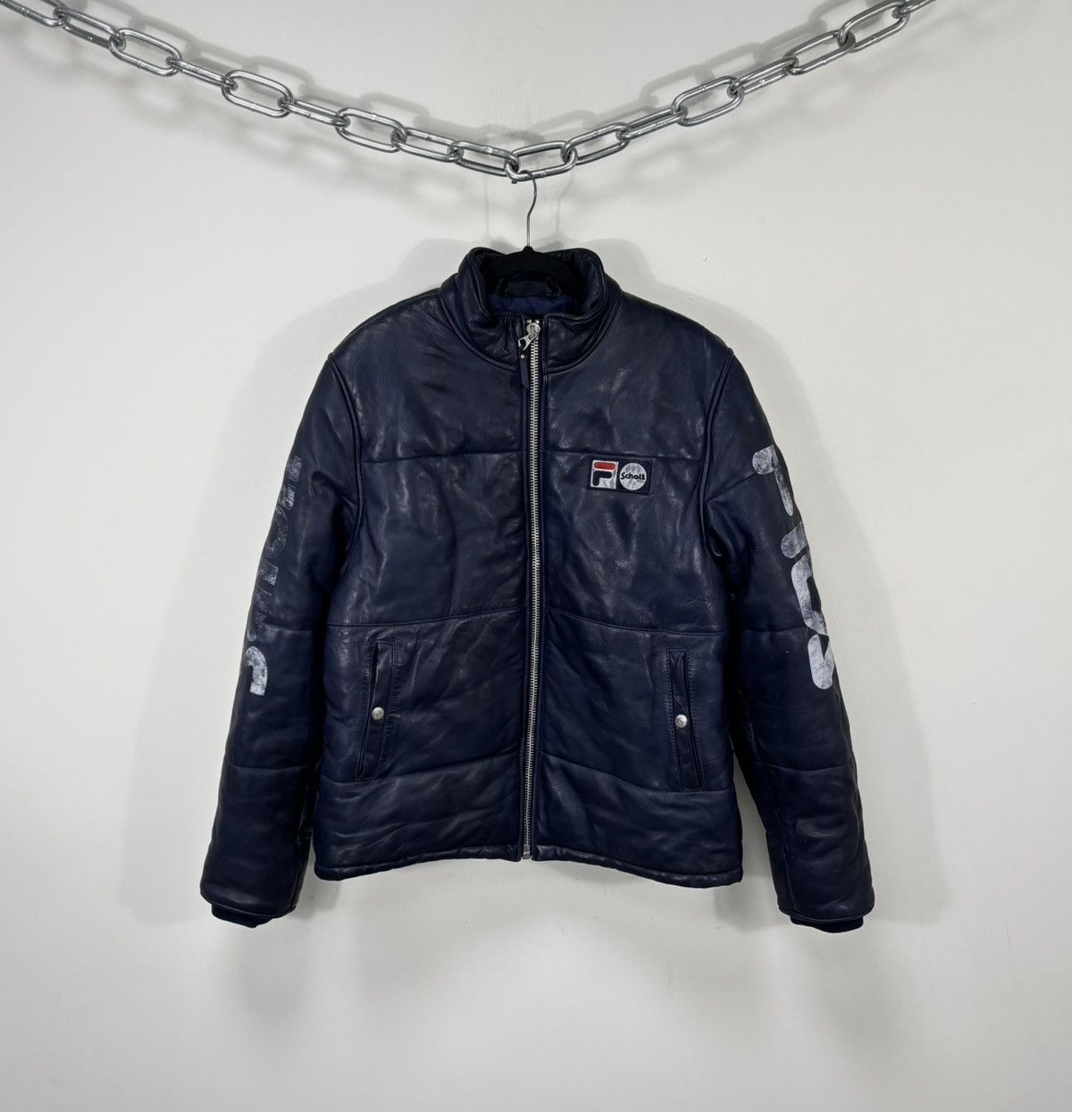 Schott Schott NYC x Fila Men’s Navy Blue Leather Jacket Size US M / EU 48-50 / 2 - 1 Thumbnail
