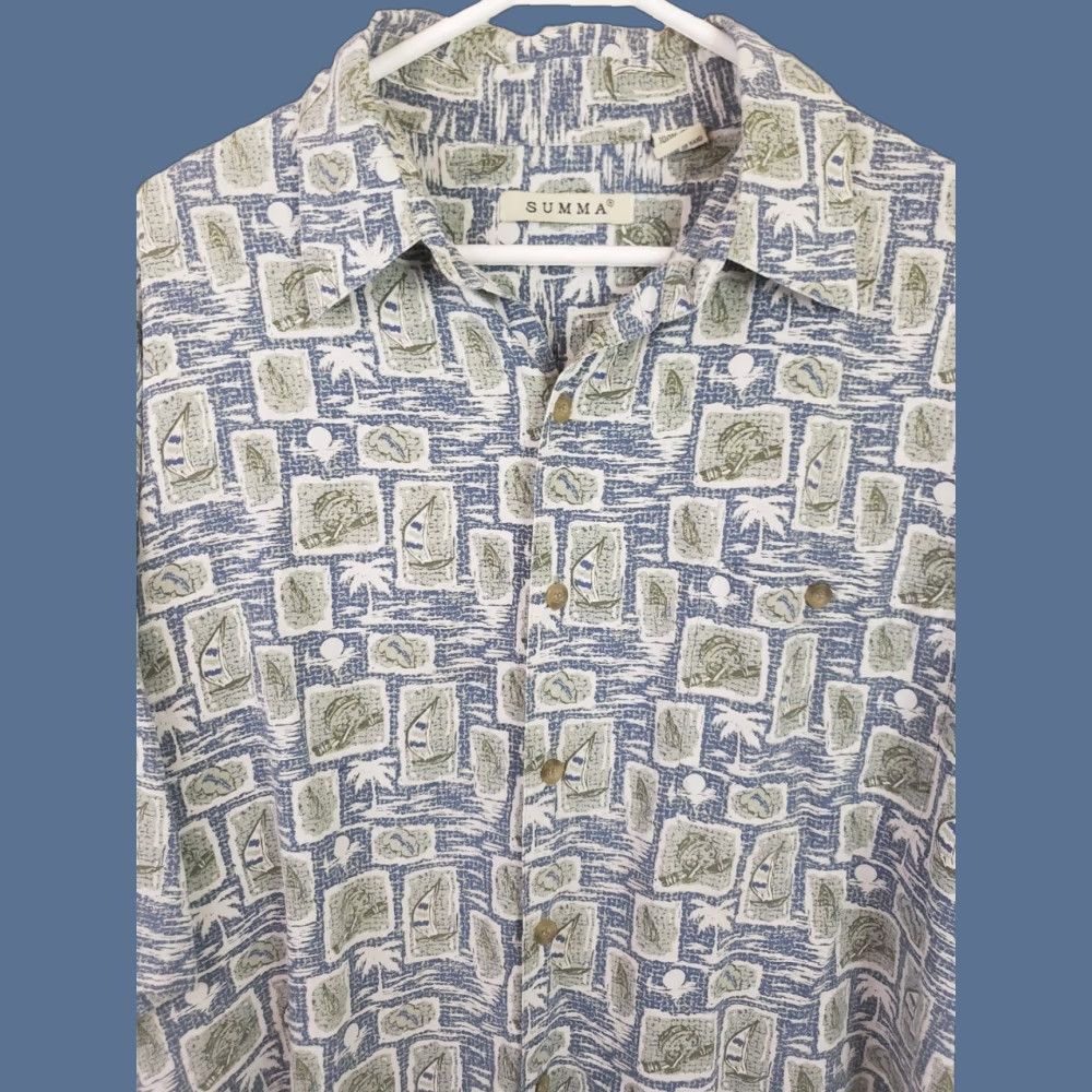 Vintage Summa Silk Shirt Mens L Lightweight Geometric Silk Button-Up Short Sleeve Collared Blue Green Vintage Size US L / EU 52-54 / 3 - 1 Thumbnail