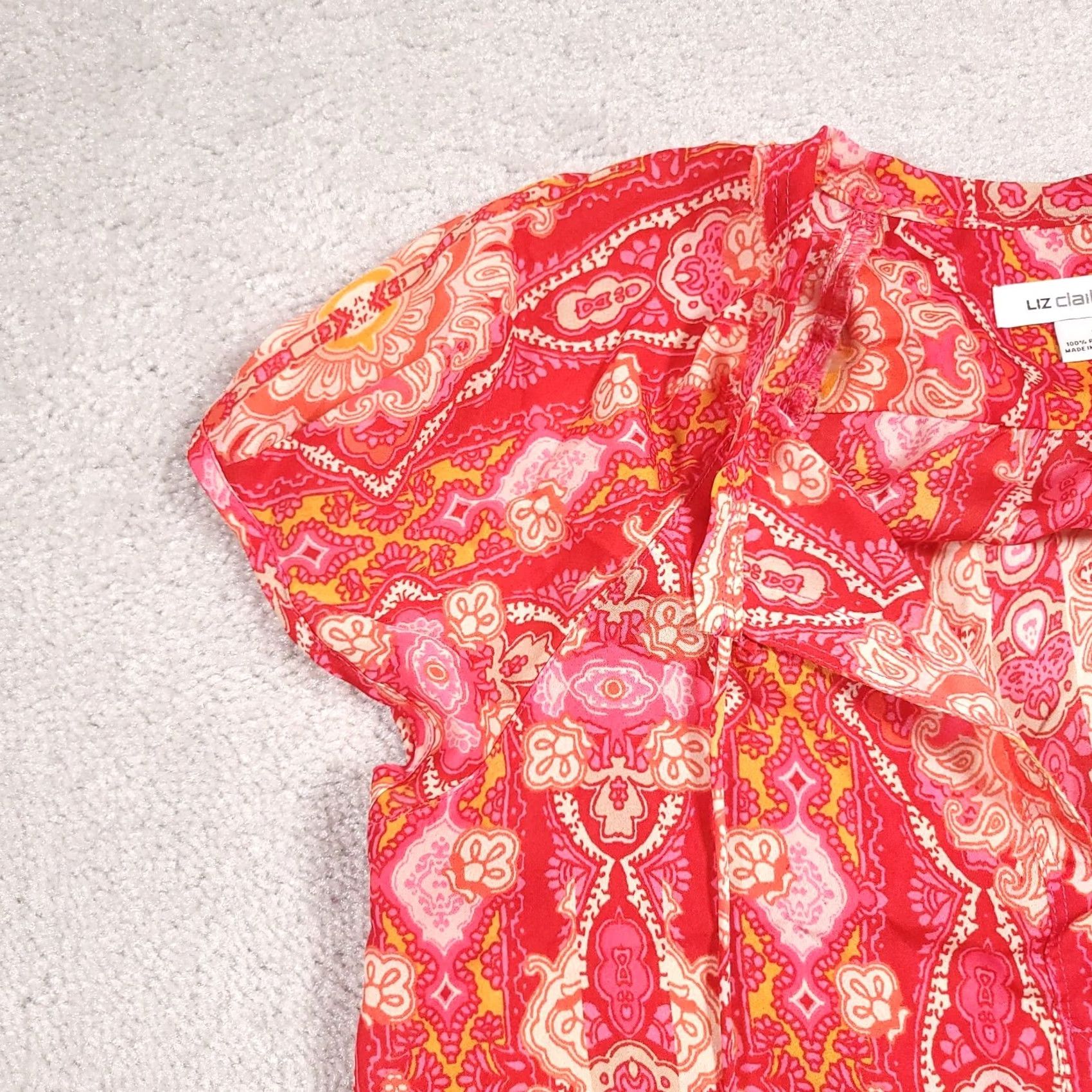 Liz Claiborne Liz Claiborne Shirt Women's Small Pink Polyester Short Sleeve V Neck Tie Front Blouse Size S / US 4 / IT 40 - 5 Thumbnail