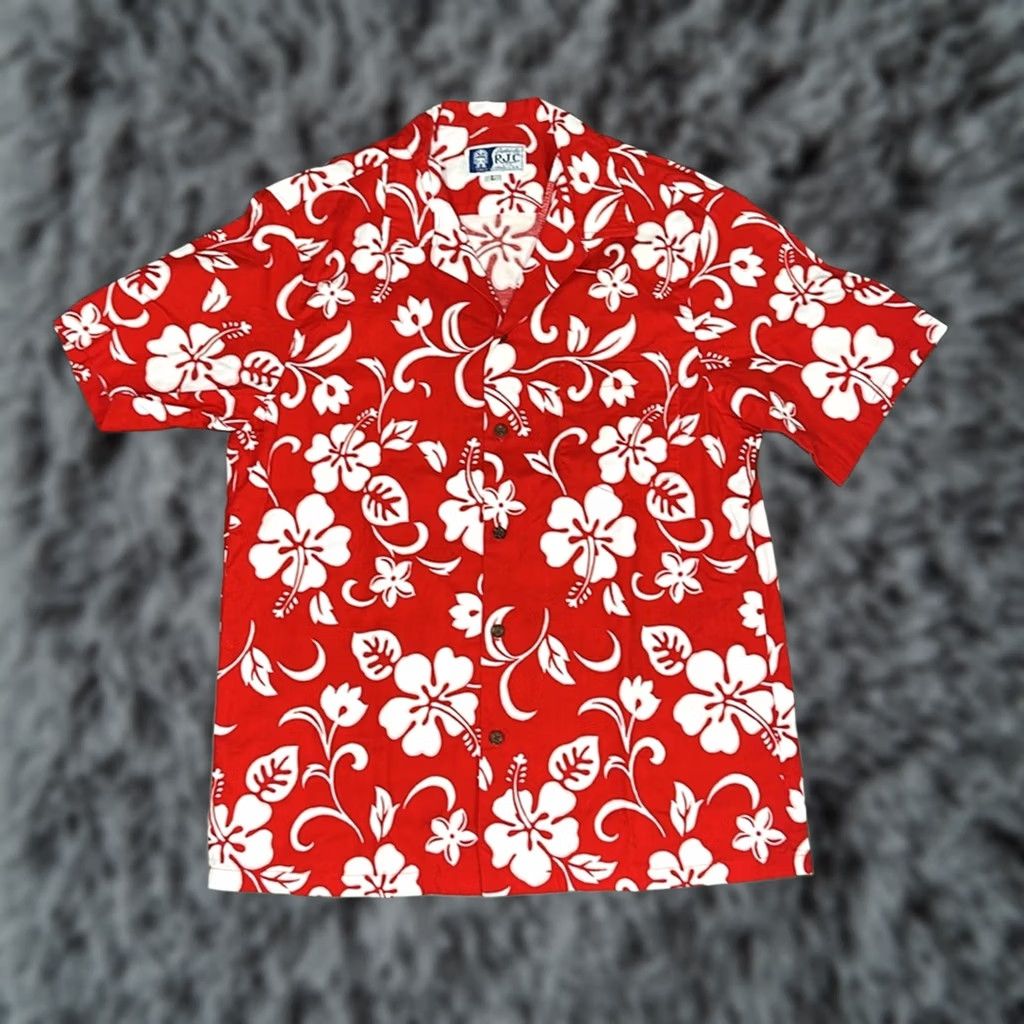 X-LARGE RJC Robert J. Clancey Hawaiian Floral Short Sleeve Button Down - Large Men Red White Gray Outline Floral Cotton 100% Shirt Mens L Size US 33 - 1 Thumbnail