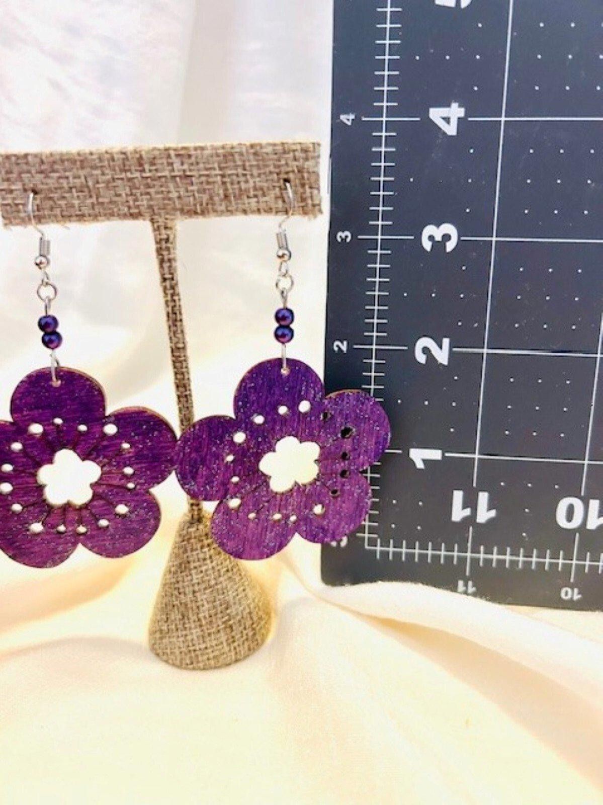 Designer Violet Tropical Vibe Hibiscus Wood Earrings Size ONE SIZE - 2 Thumbnail