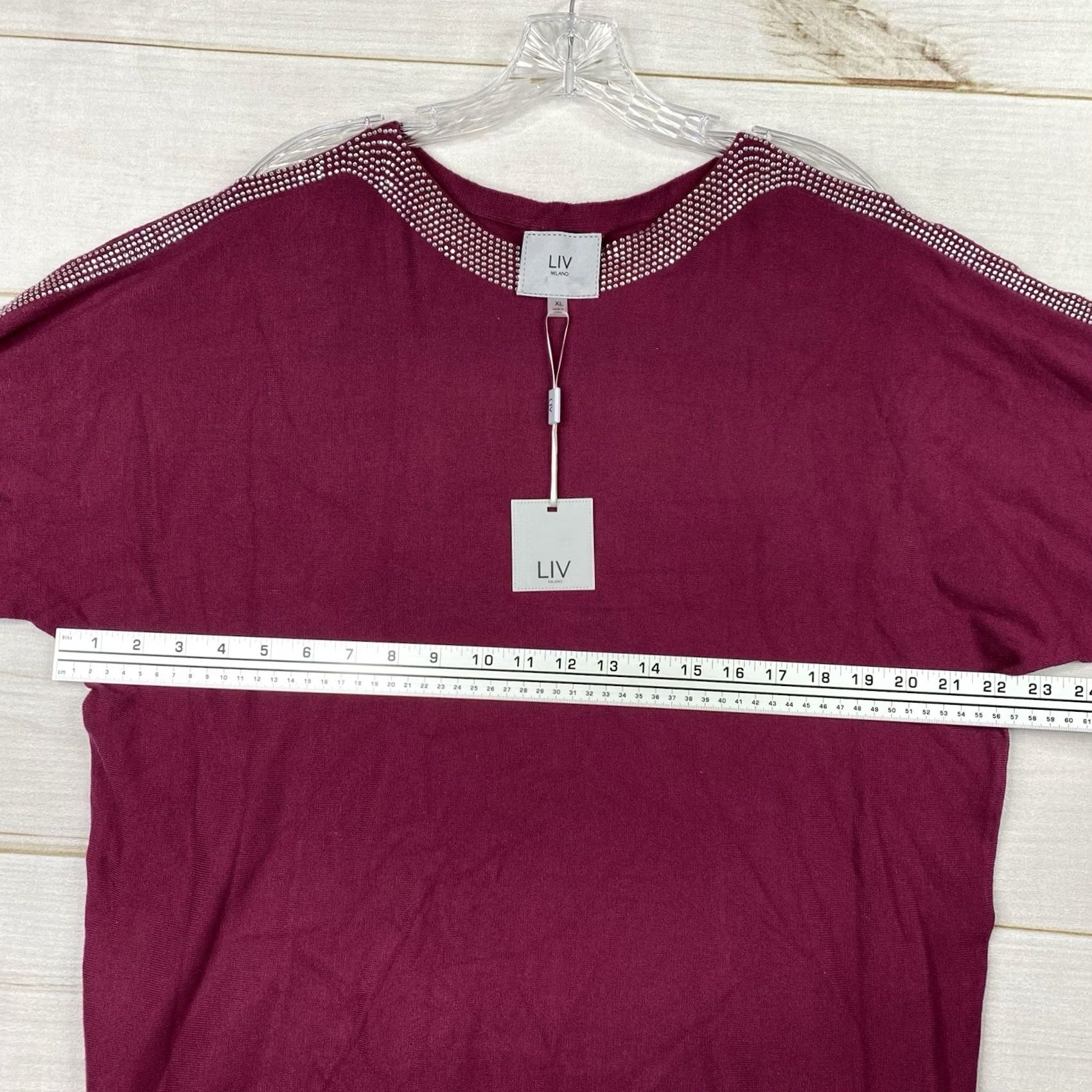 Vintage VINTAGE? LIV Milano Women’s Sweater XL Burgundy Silver Rhinestones Dolman Sleeve NWT Size XL / US 12-14 / IT 48-50 - 7 Thumbnail