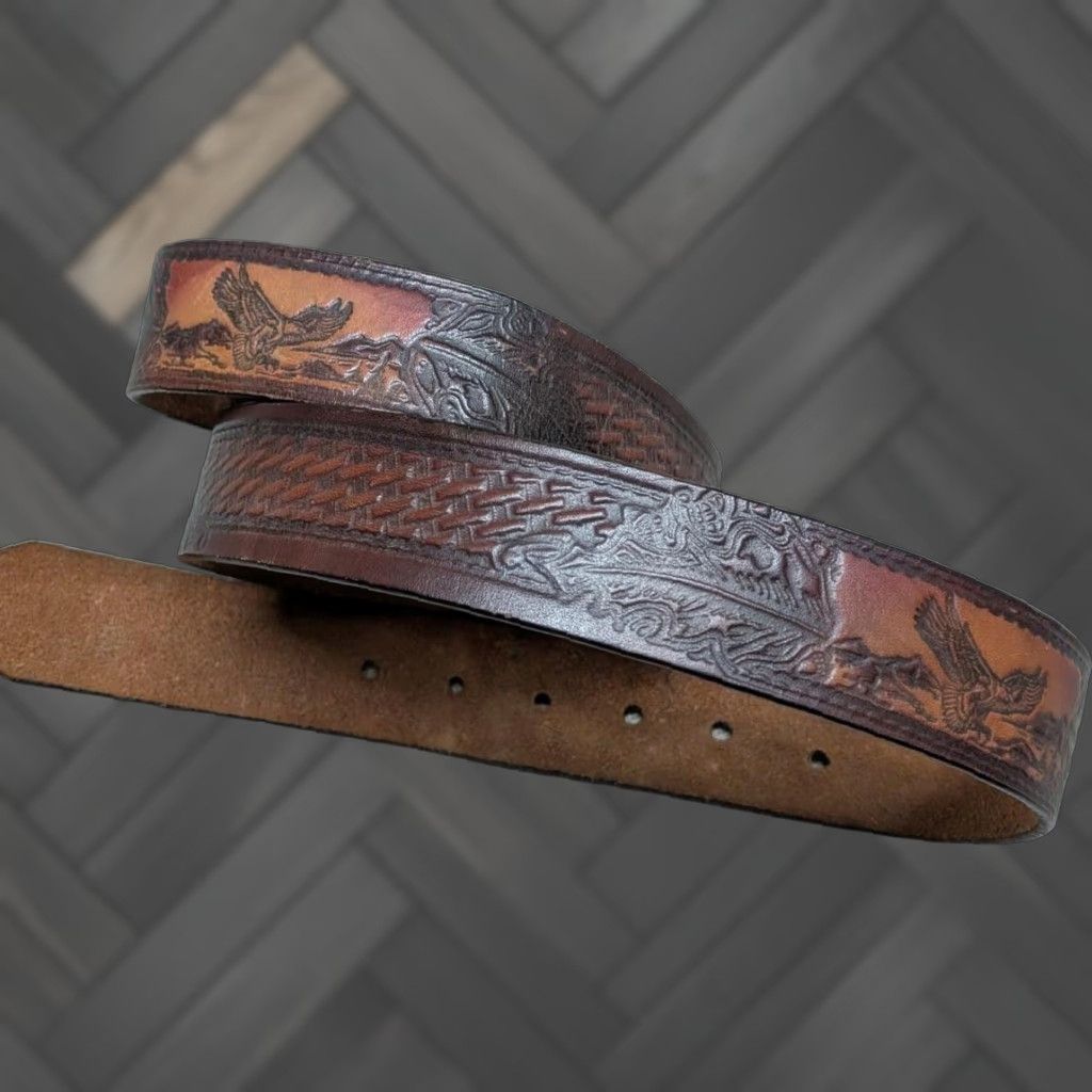Vintage VINTAGE TOOLED buckle belt EAGLE leather 36 america WESTERN harley USA cowhide Size 36 - 1 Thumbnail