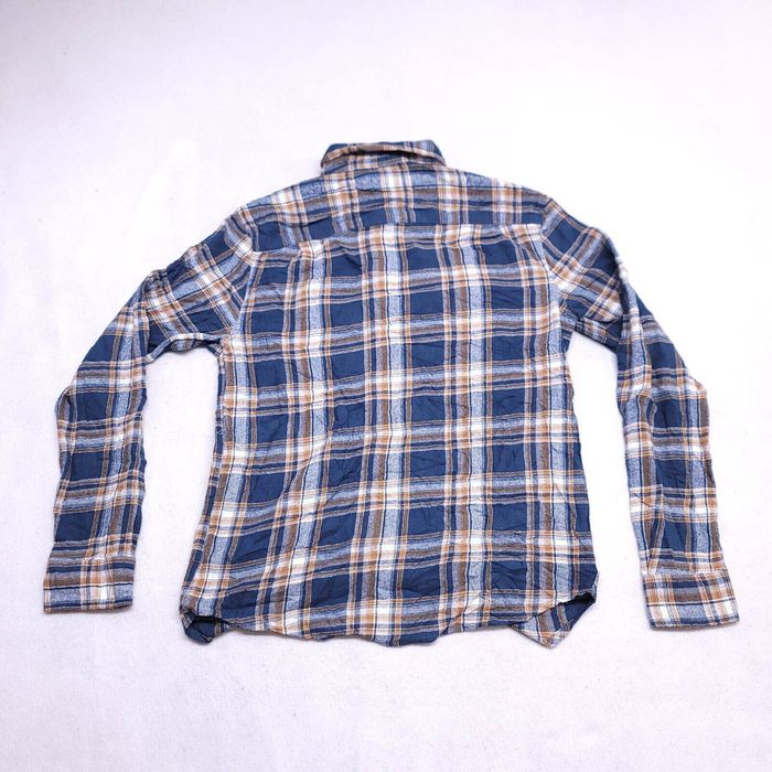 Mens Lucky Brand Long Sleeve Button Down Flannel Shirt Navy Yellow Plaid  Size L 