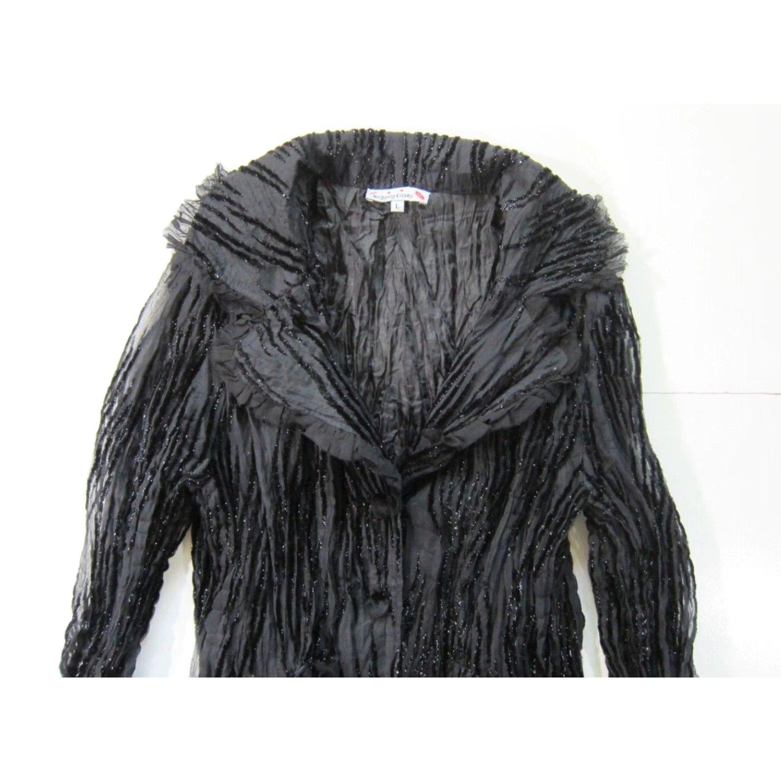 Velvet VINTAGE Hugging Kisses Blouse Shirt Large Womens Black Velvet Lace Sparkle Button Pocket Blazer Rayon Long Sleeve Collared Size L / US 10 / IT 46 - 3 Thumbnail