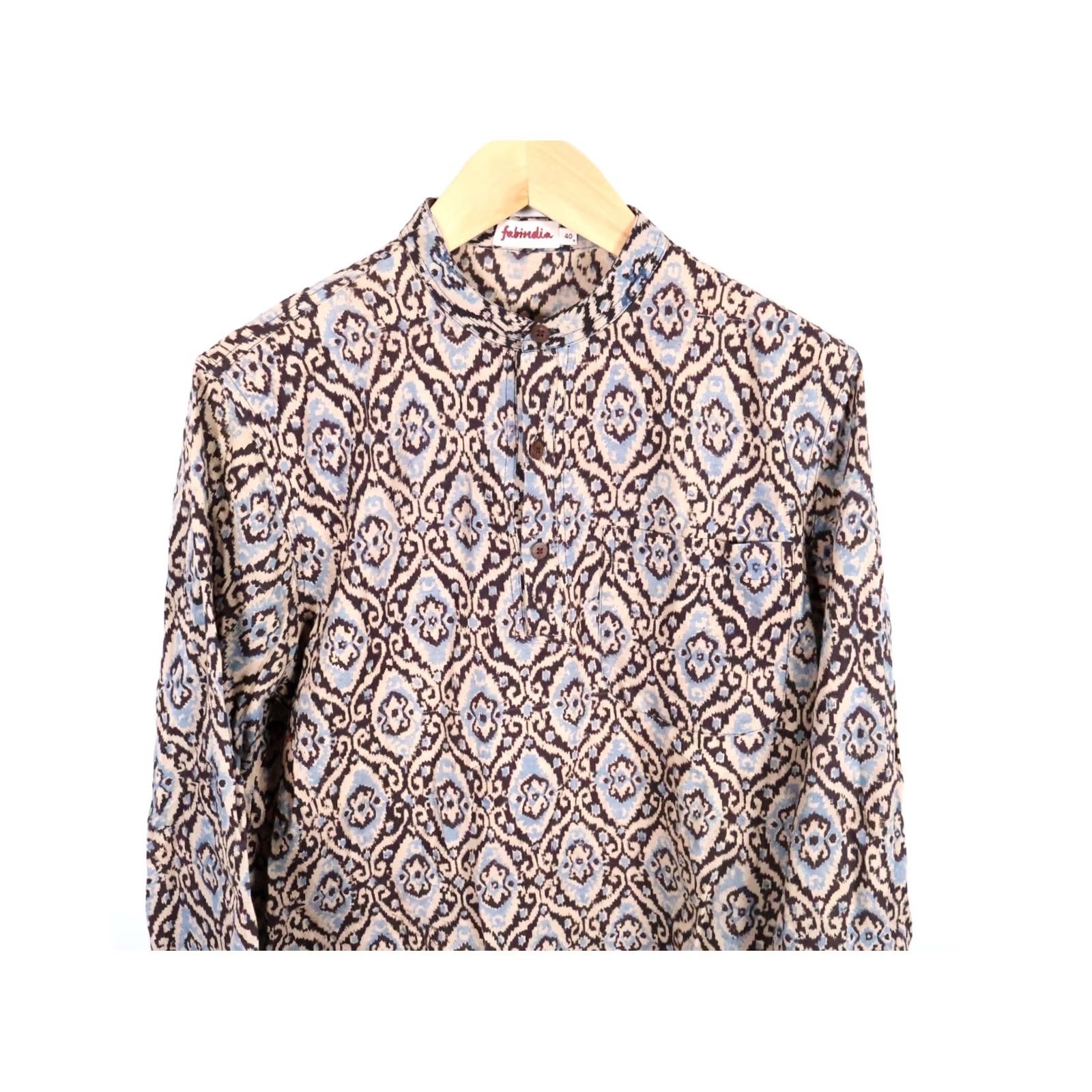 Vintage VINTAGE Fabindia Shirt Men's Medium 40 Brown Geometric Band Collar Hippie Boho Popover Button-Up Disco Size US M / EU 48-50 / 2 - 4 Thumbnail