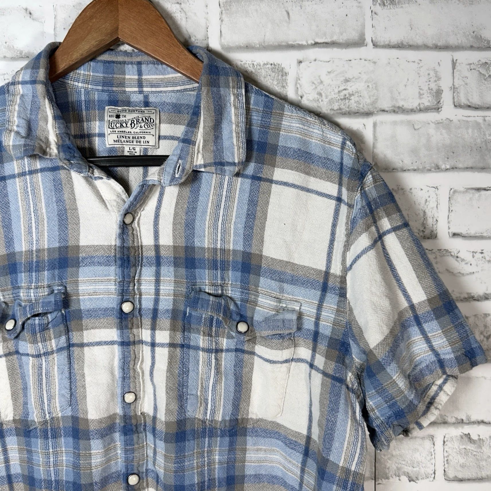 Lucky Brand Lucky Brand Linen Blend Snap Button Down Short Sleeve Plaid Shirt L Men Blue - Mens Shirt Size US 33 - 2 Thumbnail