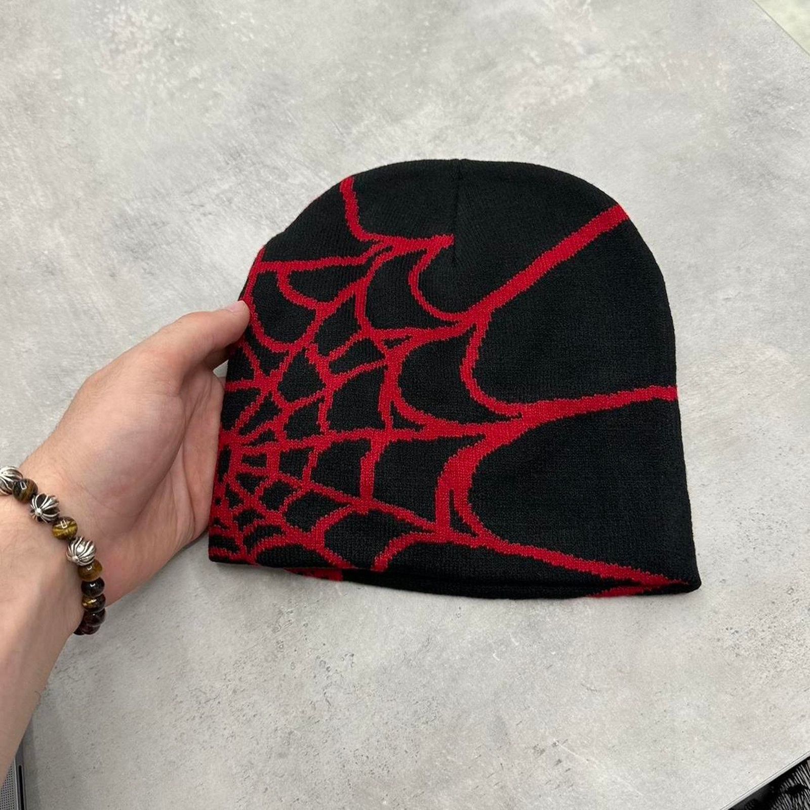Other Vintage Style Red and Black Spider Web Beanie Hat Accessory Size ONE SIZE - 1 Thumbnail